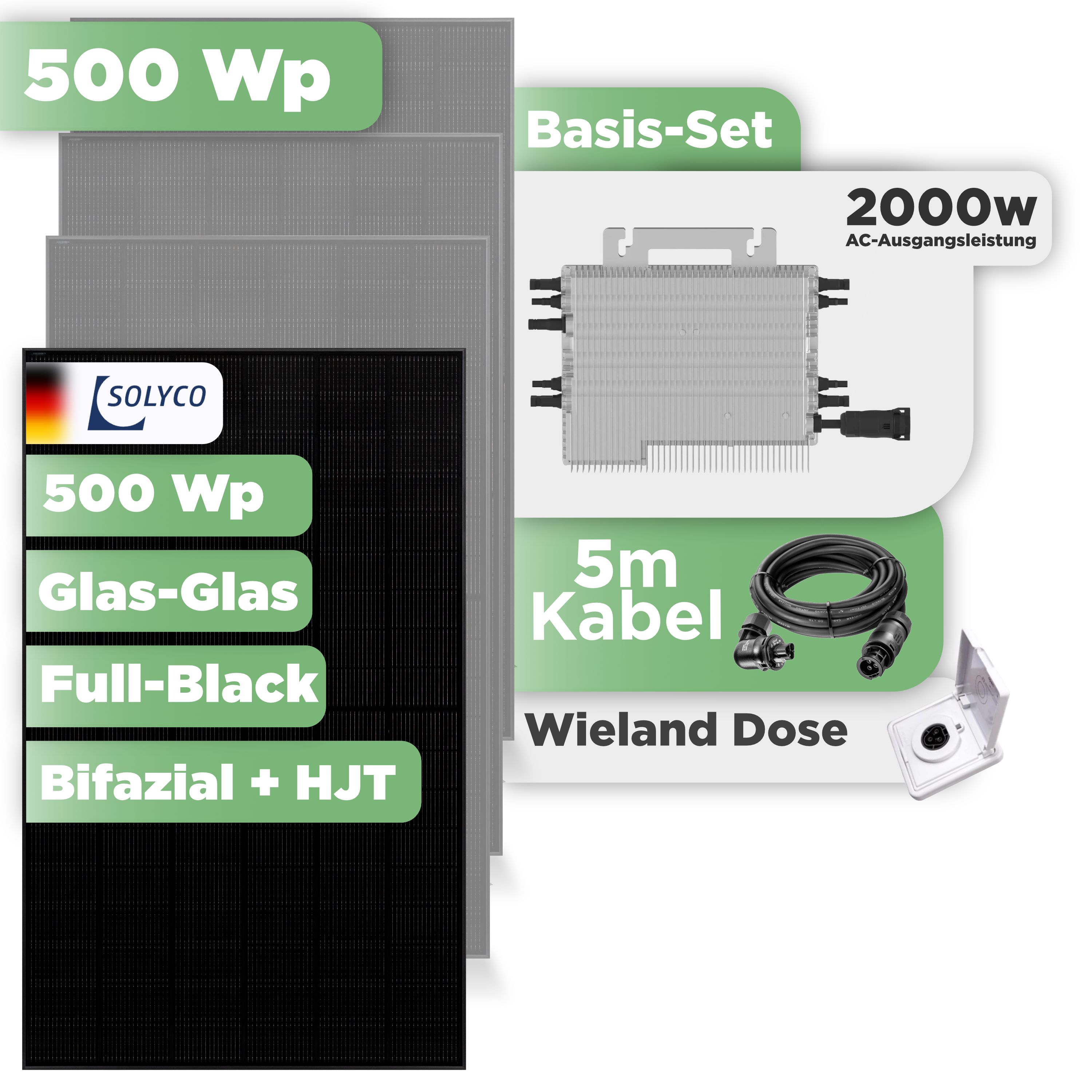 Balkonkraftwerk Basic Set 500 Wp Solyco 500 Wp Glas-Glas Fullblack-Modul Bifazial / 1 Modul / Deye 2000 W / Wieland Stecker + Dose