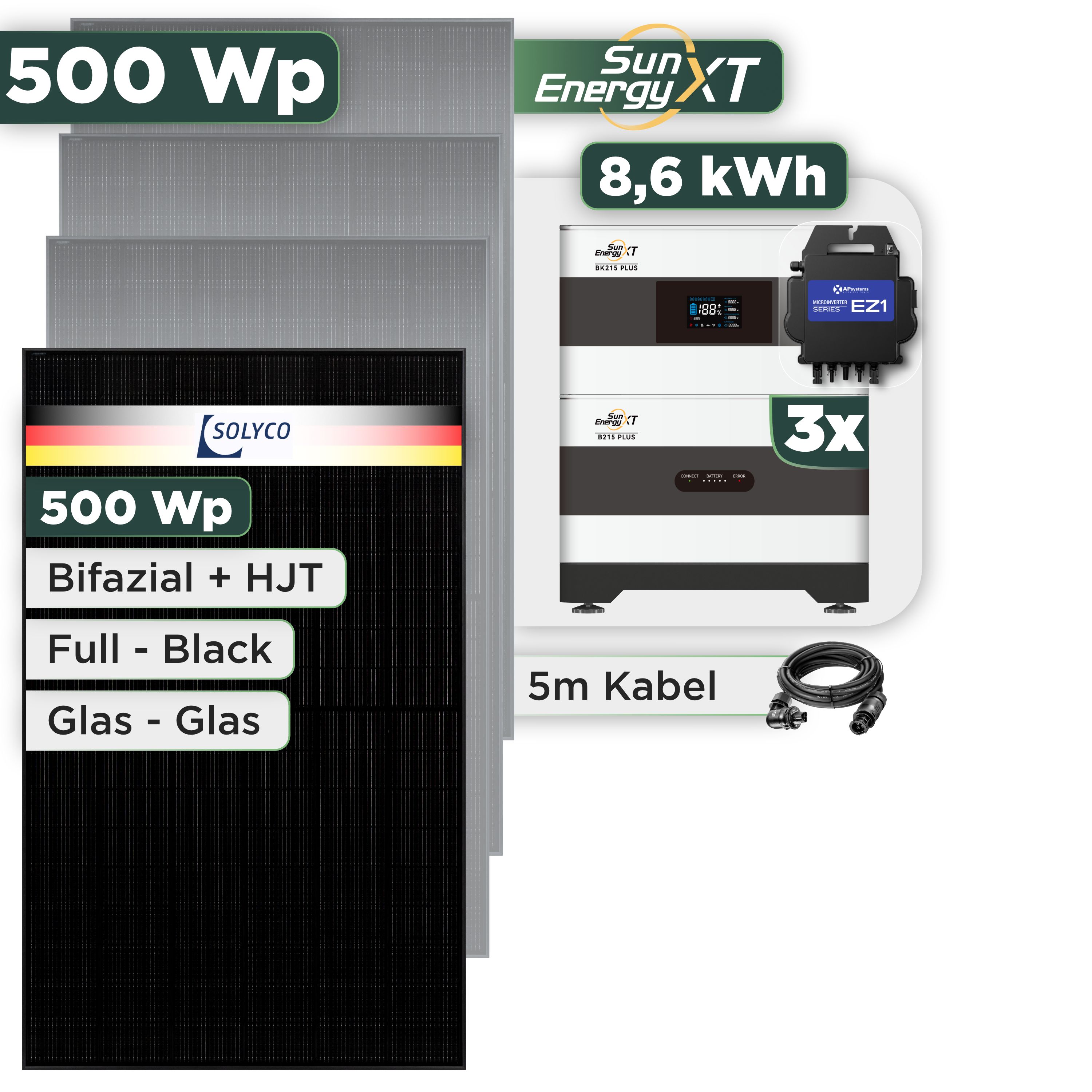 Balkonkraftwerk Set 500 Wp SunEnergyXT Plus / 8,6 kWh / Solyco 500 Wp Glas-Glas Fullblack-Modul Bifazial / 1 Modul / APSystems EZ1-M (bis 800 W) / Wieland Stecker