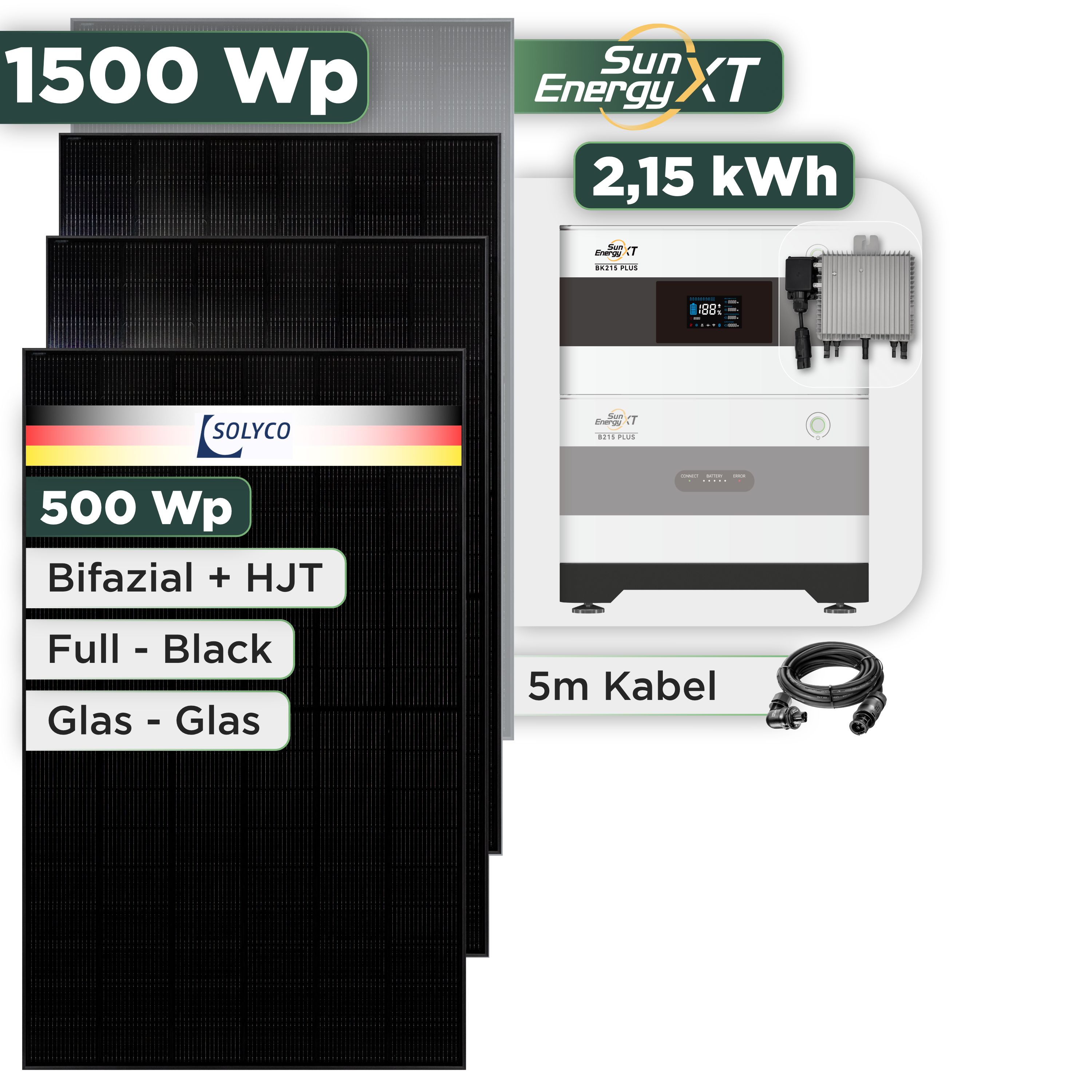 Balkonkraftwerk Set 2000 Wp SunEnergyXT Plus / 2,15 kWh / Solyco 500 Wp Glas-Glas Fullblack-Modul Bifazial / 4 Module / Deye 800 W / Wieland Stecker