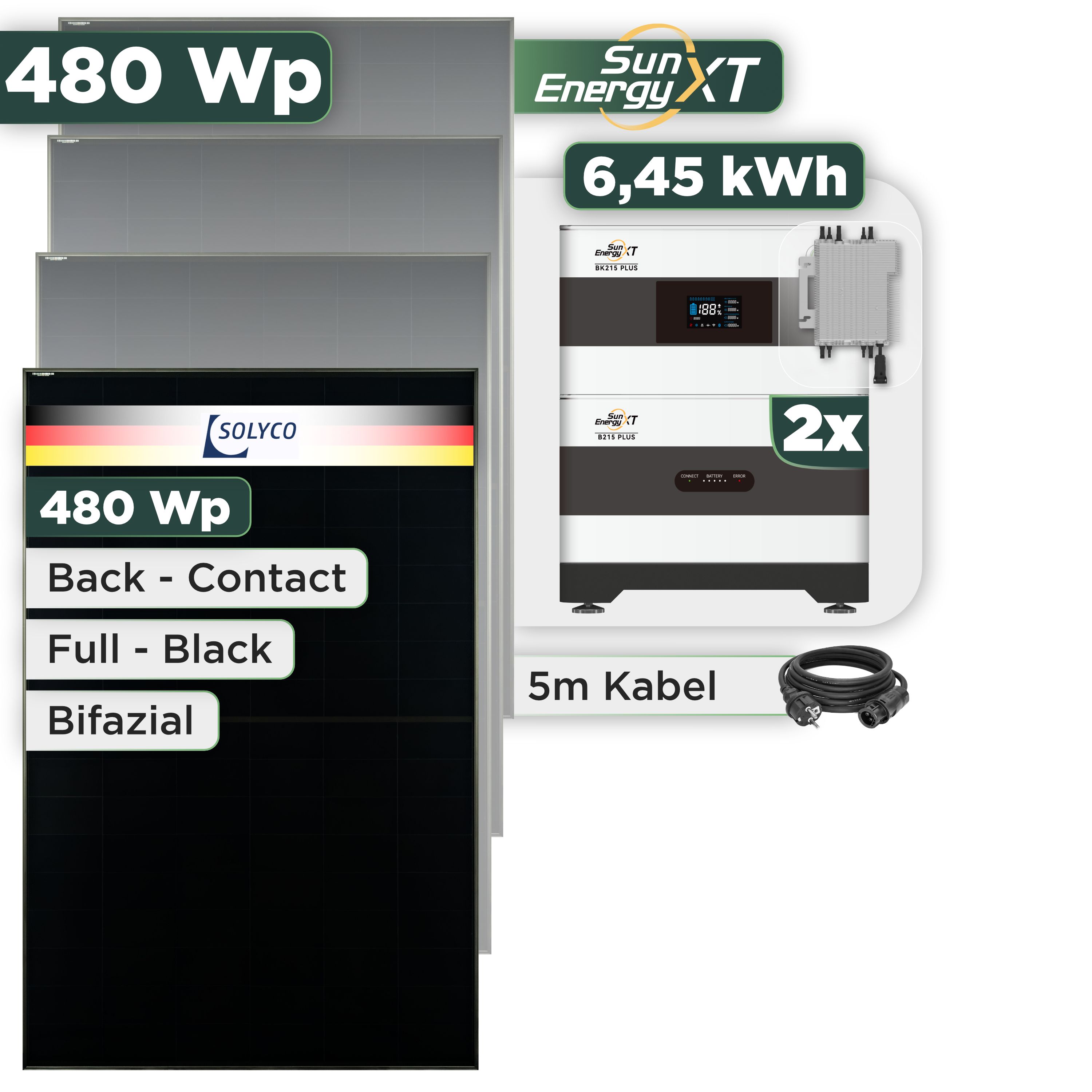 Balkonkraftwerk Set 480 Wp SunEnergyXT Plus / 6,45 kWh / Solyco 480 Wp Glas-Glas Fullblack Back Contact Modul / 1 Modul / Deye 2000 W / Schuko Stecker