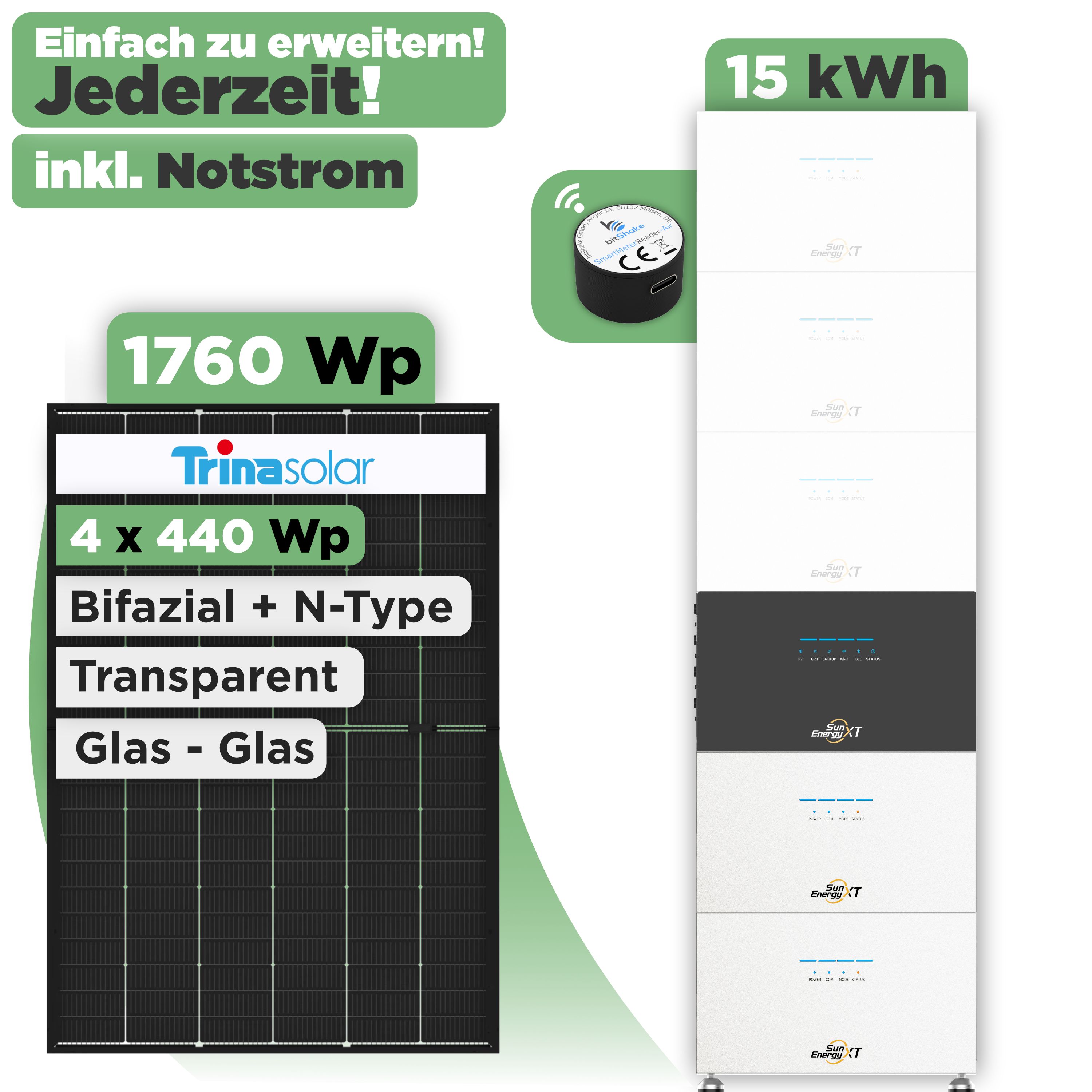SunEnergyXT 500 Modulset 1760 Wp SunEnergyXT 500 (800 W) / 15 kWh / IR Lesekopf / Trina 440 Wp / 4 Module