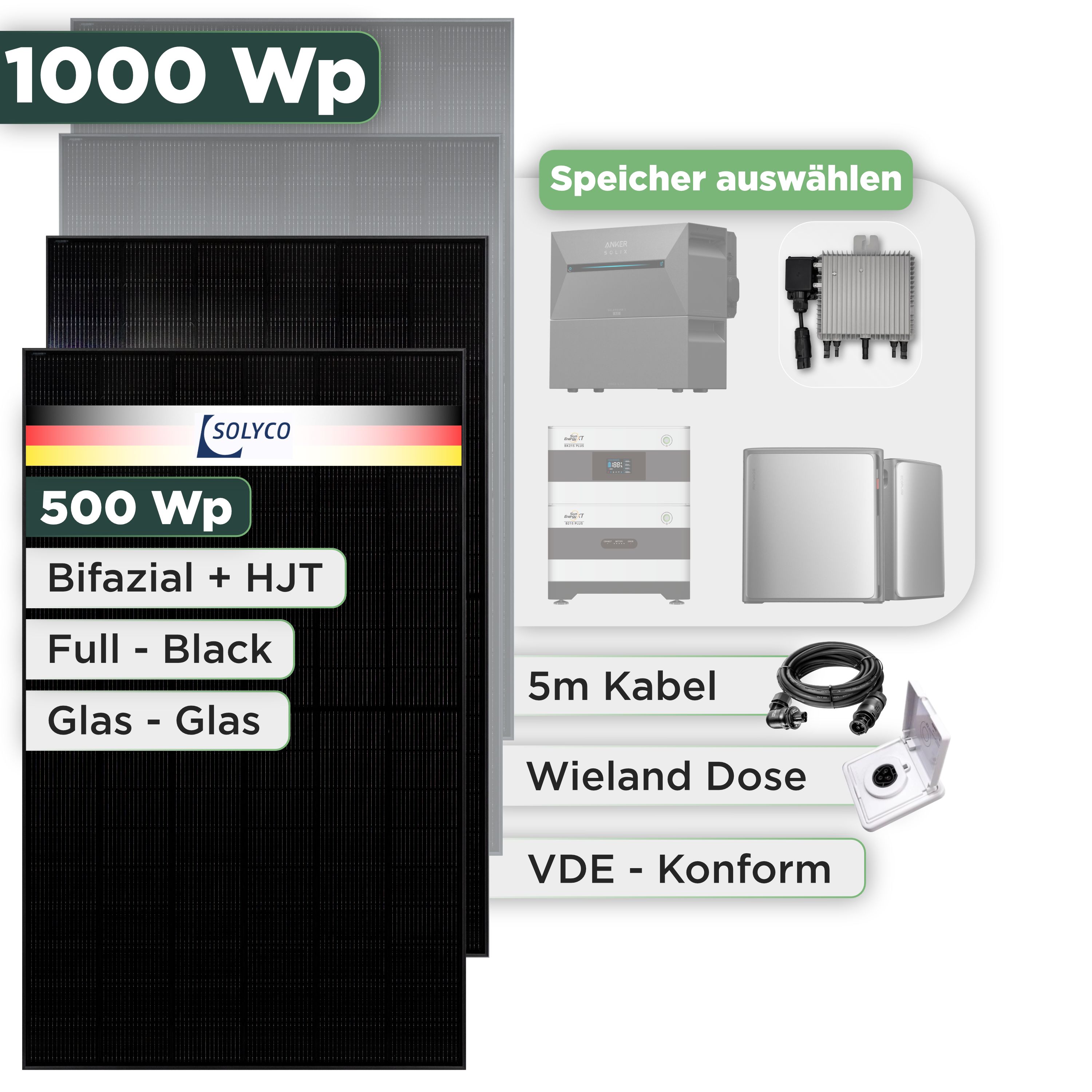 Balkonkraftwerk Set 1000 Wp Solyco 500 Wp Glas-Glas Fullblack-Modul Bifazial / 2 Module / Deye 800 W / Wieland Stecker + Dose