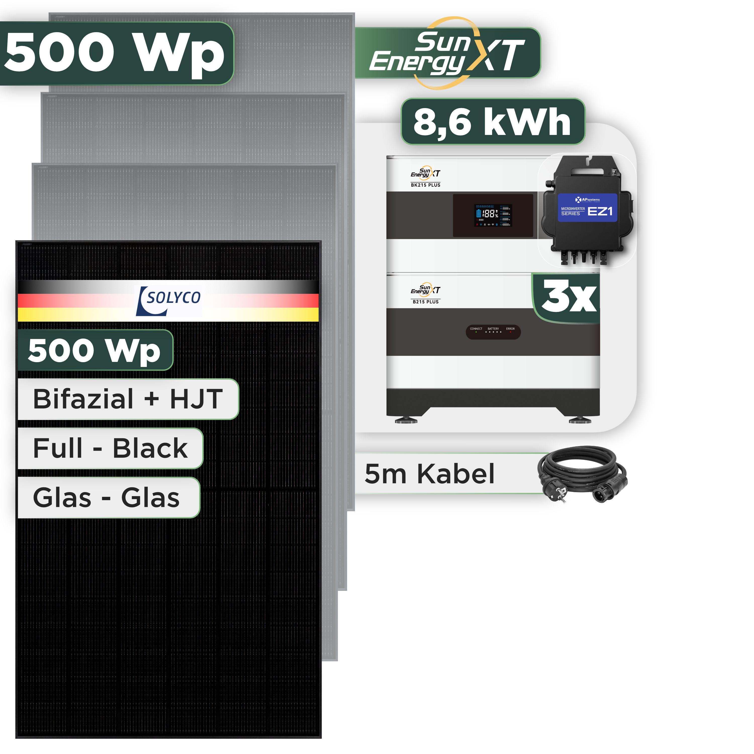 Balkonkraftwerk Set 500 Wp SunEnergyXT Plus / 8,6 kWh / Solyco 500 Wp Glas-Glas Fullblack-Modul Bifazial / 1 Modul / APSystems EZ1-M (bis 800 W) / Schuko Stecker