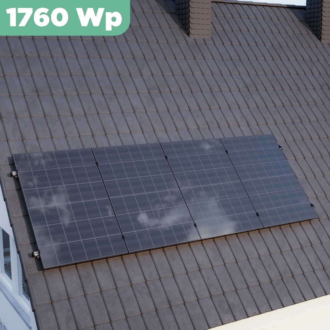 Balkonkraftwerk Ziegeldach 1720 Wp — APsystems EZ1-M 800 WTrina Solar / 430 Wp (Glas-Glas + Bifazial) / Klassik Halterung / eine Reihe hochkant / 4 Module / 20 m