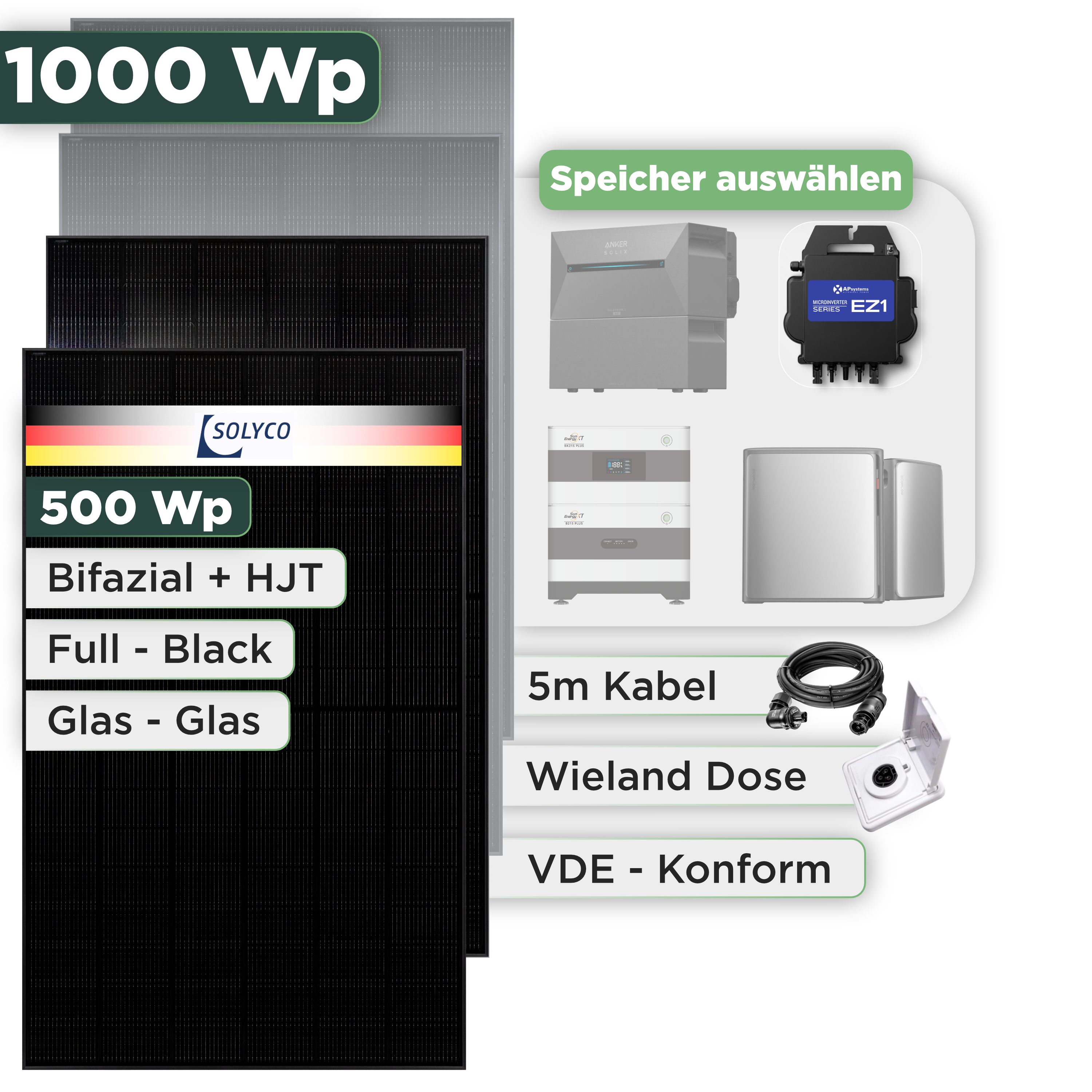 Balkonkraftwerk Set 1000 Wp Solyco 500 Wp Glas-Glas Fullblack-Modul Bifazial / 2 Module / APSystems EZ1-M (bis 800 W) / Wieland Stecker + Dose