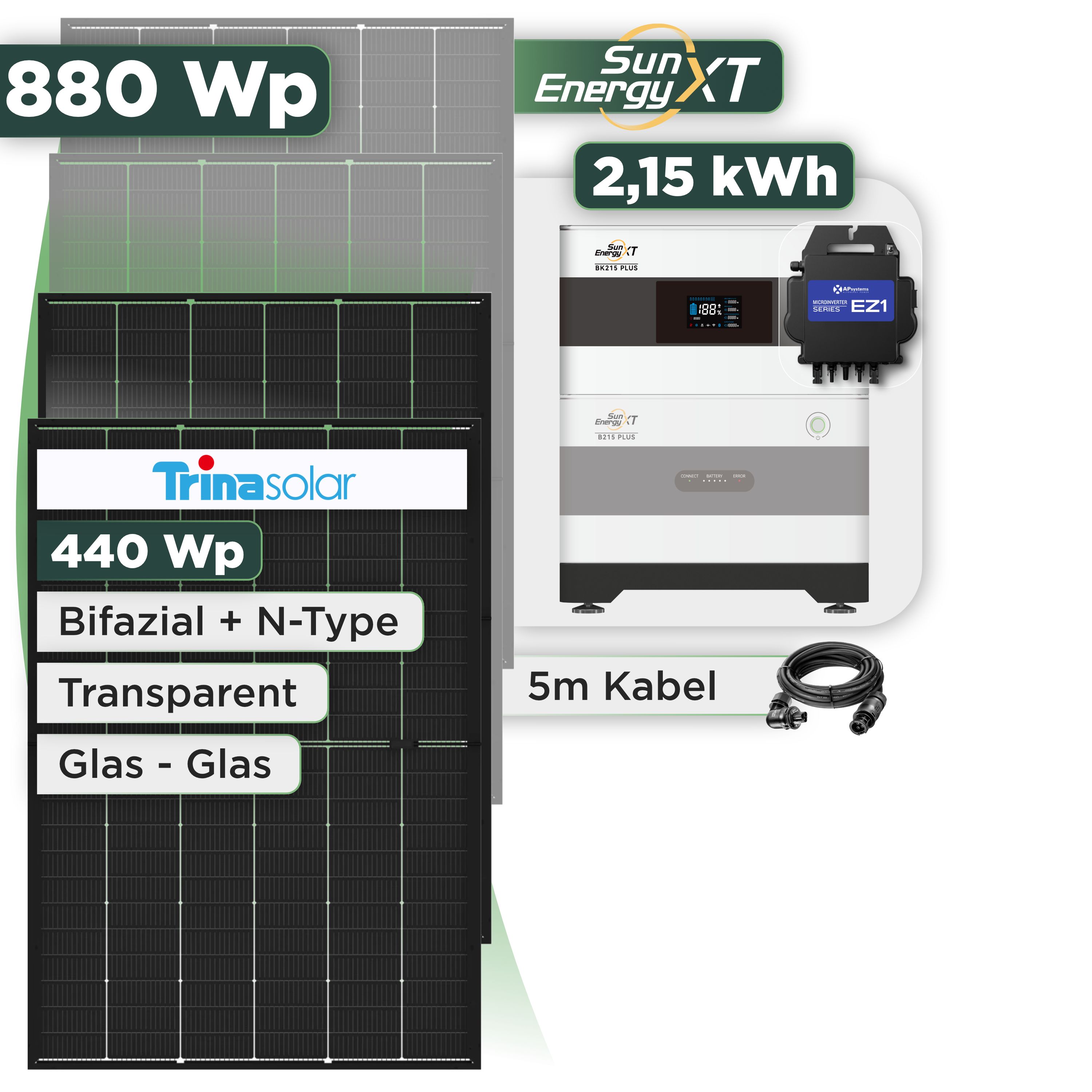 Balkonkraftwerk Set 880 Wp SunEnergyXT Plus / 2,15 kWh / Trina 440 Wp Glas-Glas Bifazial Modul / 2 Module / APSystems EZ1-M (bis 800 W) / Wieland Stecker