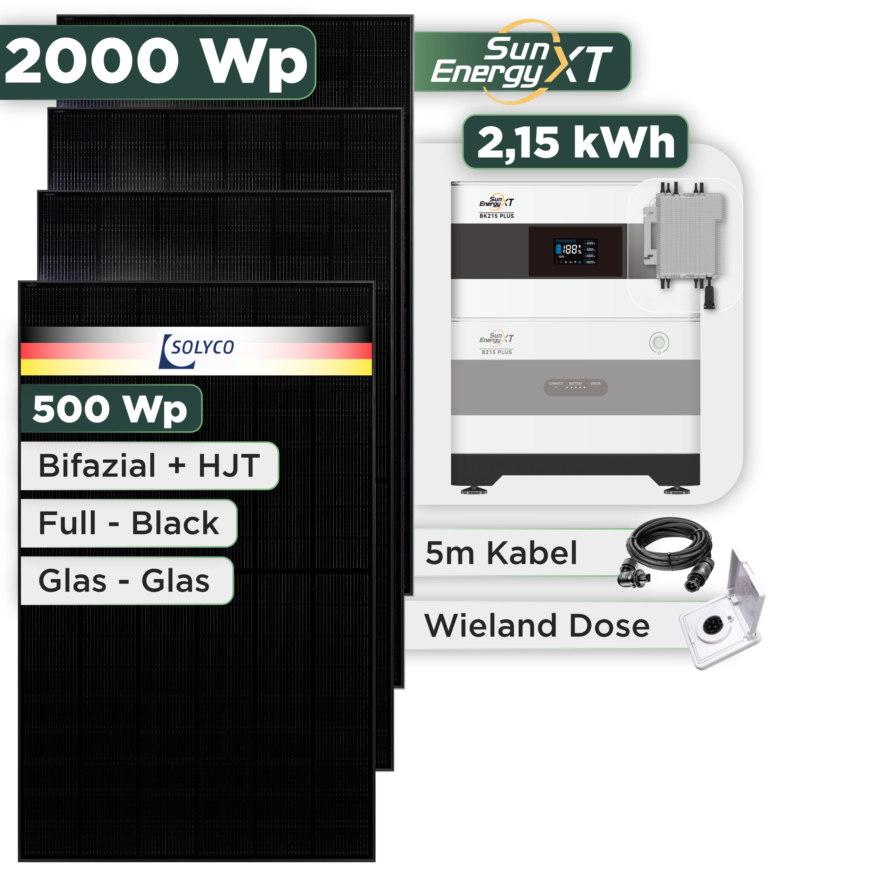 Balkonkraftwerk Set 2000 Wp SunEnergyXT Plus / 2,15 kWh / Solyco 500 Wp Glas-Glas Fullblack-Modul Bifazial / 4 Module / Deye 2000 W / Wieland Stecker + Dose