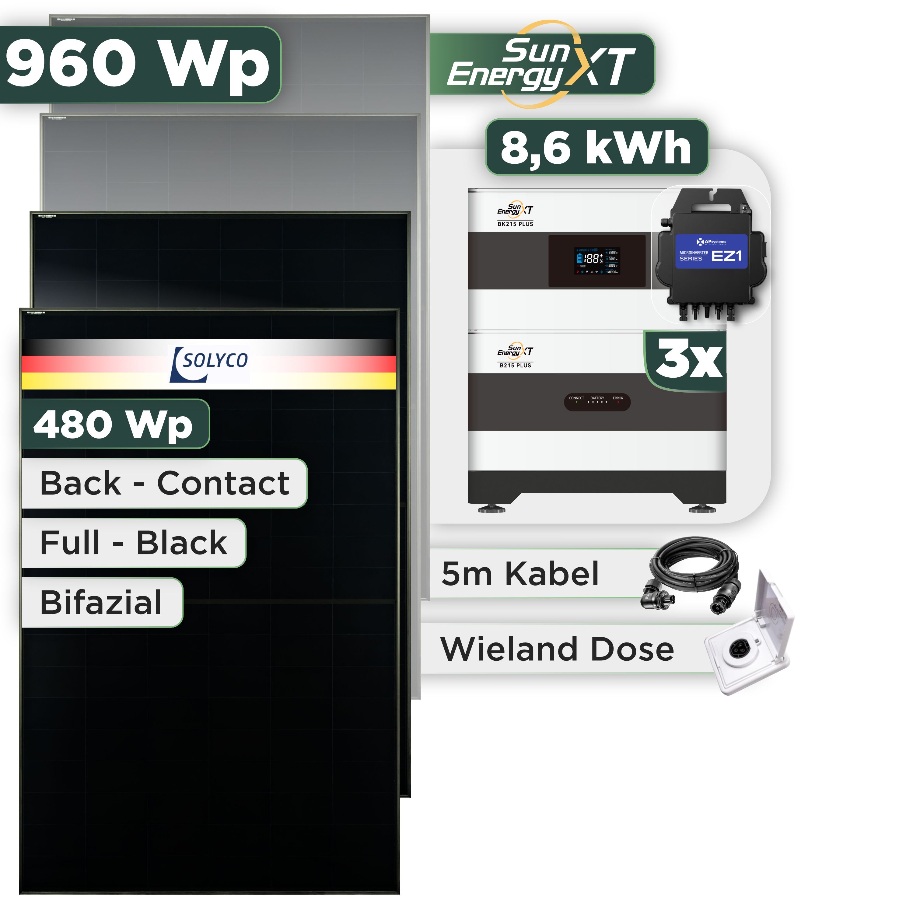 Balkonkraftwerk Set 960 Wp SunEnergyXT Plus / 8,6 kWh / Solyco 480 Wp Glas-Glas Fullblack Back Contact Modul / 2 Module / APSystems EZ1-M (bis 800 W) / Wieland Stecker + Dose