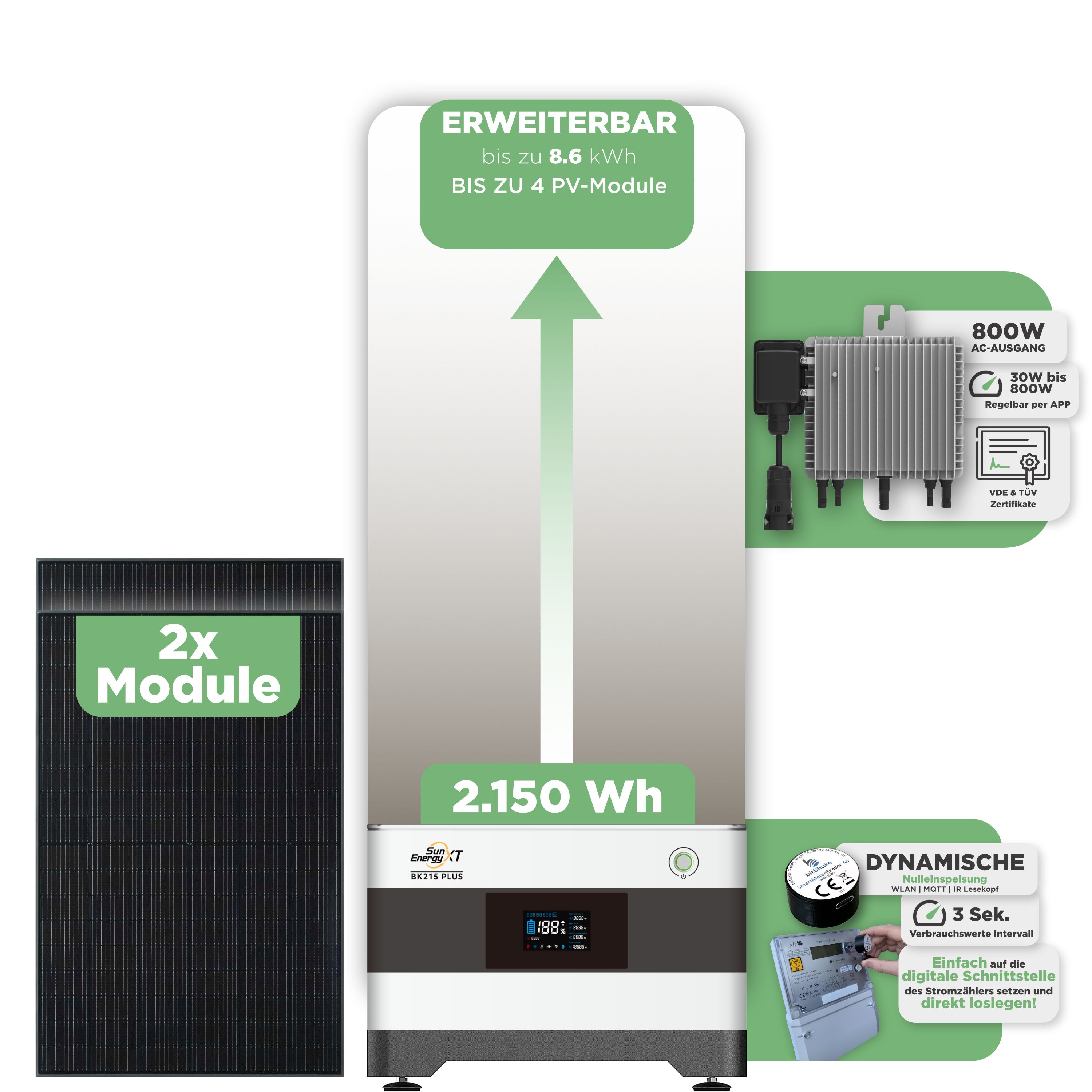 SunEnergyXT BK215 Plus Balkonkraftwerkspeicher 2.150 Wh / mit IR Lesekopf (bitshake) / 800 W (Deye-SUN-M)