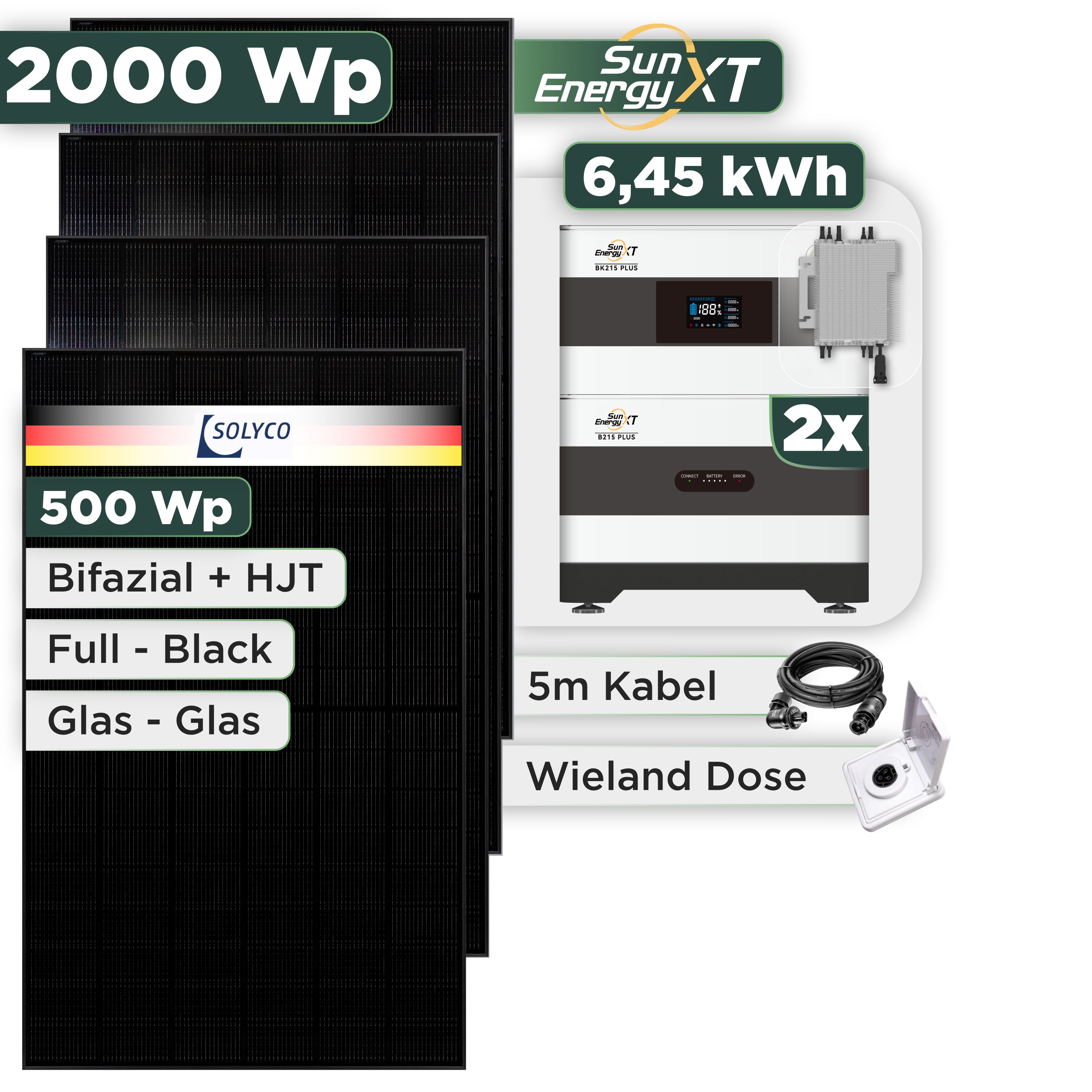 Balkonkraftwerk Set 2000 Wp SunEnergyXT Plus / 6,45 kWh / Solyco 500 Wp Glas-Glas Fullblack-Modul Bifazial / 4 Module / Deye 2000 W / Wieland Stecker + Dose