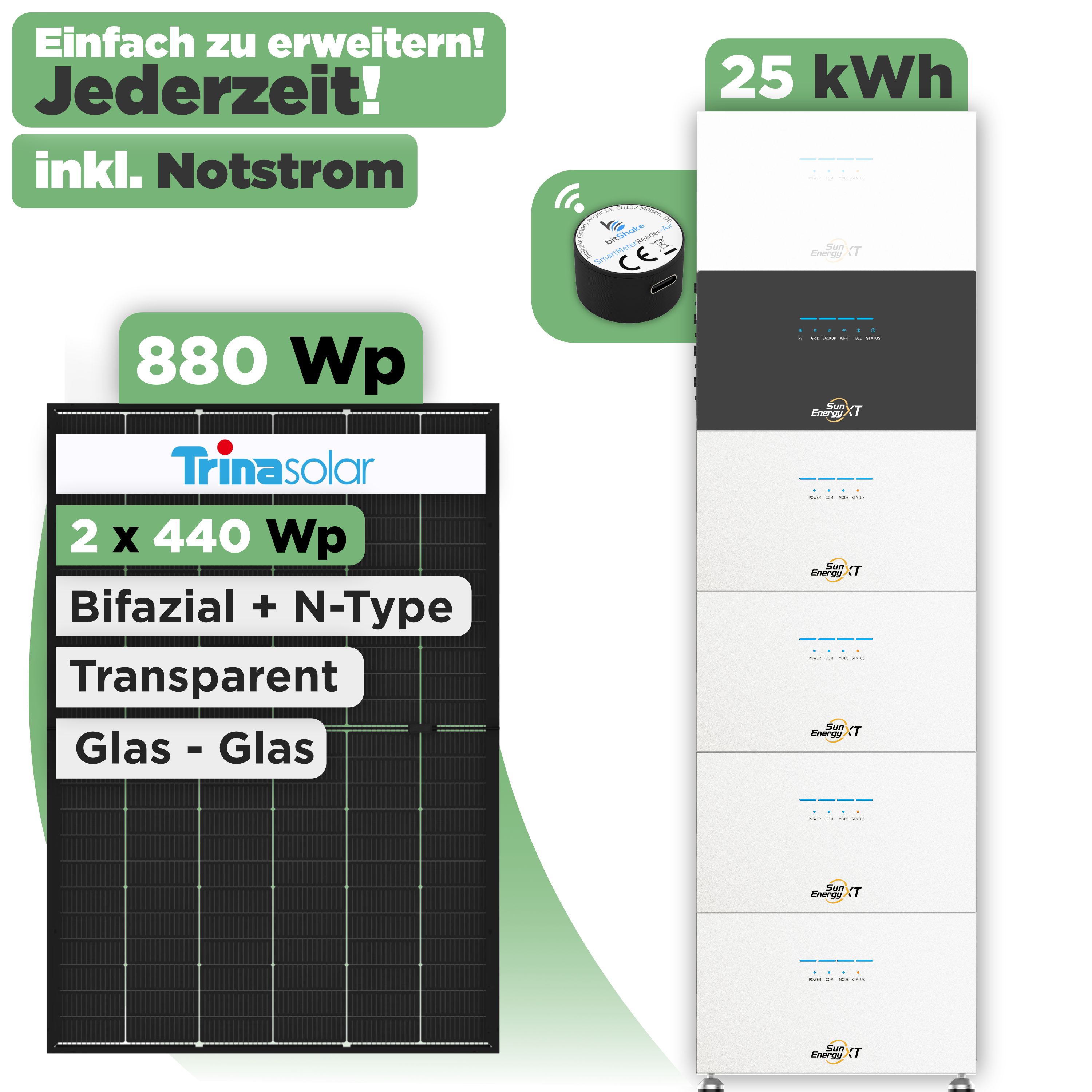 SunEnergyXT 500 Modulset 880 Wp SunEnergyXT 500 (800 W) / 25 kWh / IR Lesekopf / Trina 440 Wp / 2 Module