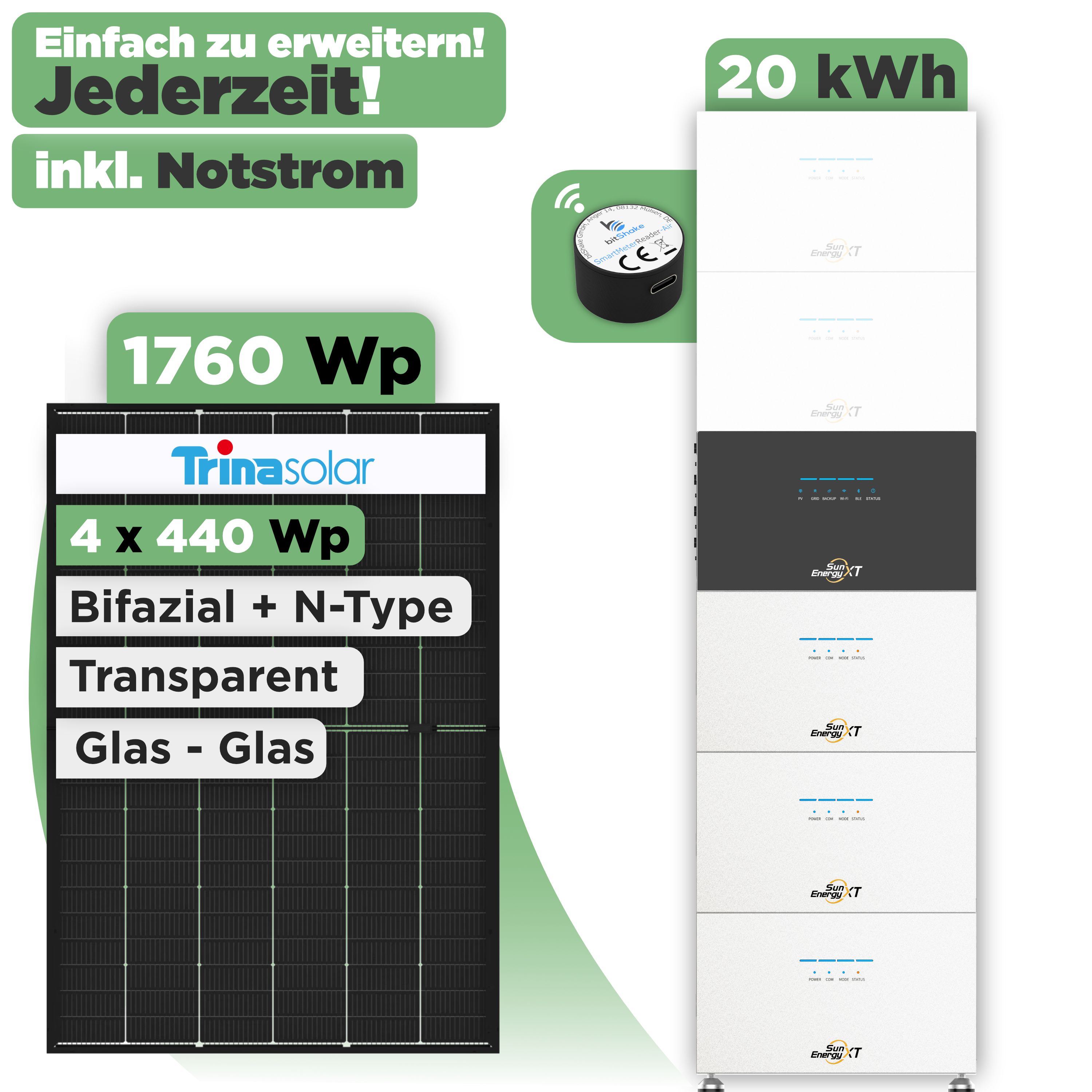 SunEnergyXT 500 Modulset 1760 Wp SunEnergyXT 500 (800 W) / 20 kWh / IR Lesekopf / Trina 440 Wp / 4 Module