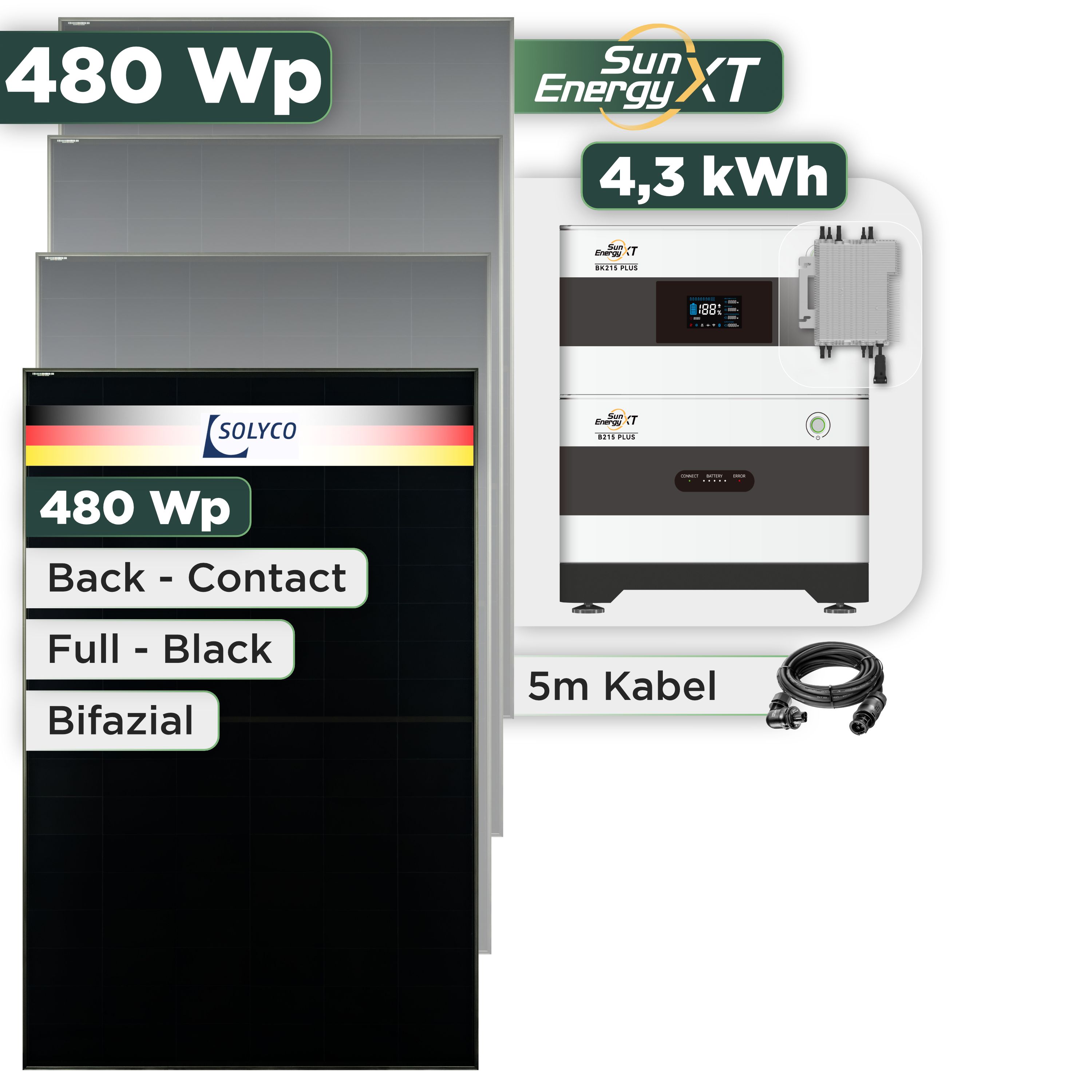 Balkonkraftwerk Set 480 Wp SunEnergyXT Plus / 4,3 kWh / Solyco 480 Wp Glas-Glas Fullblack Back Contact Modul / 1 Modul / Deye 2000 W / Wieland Stecker