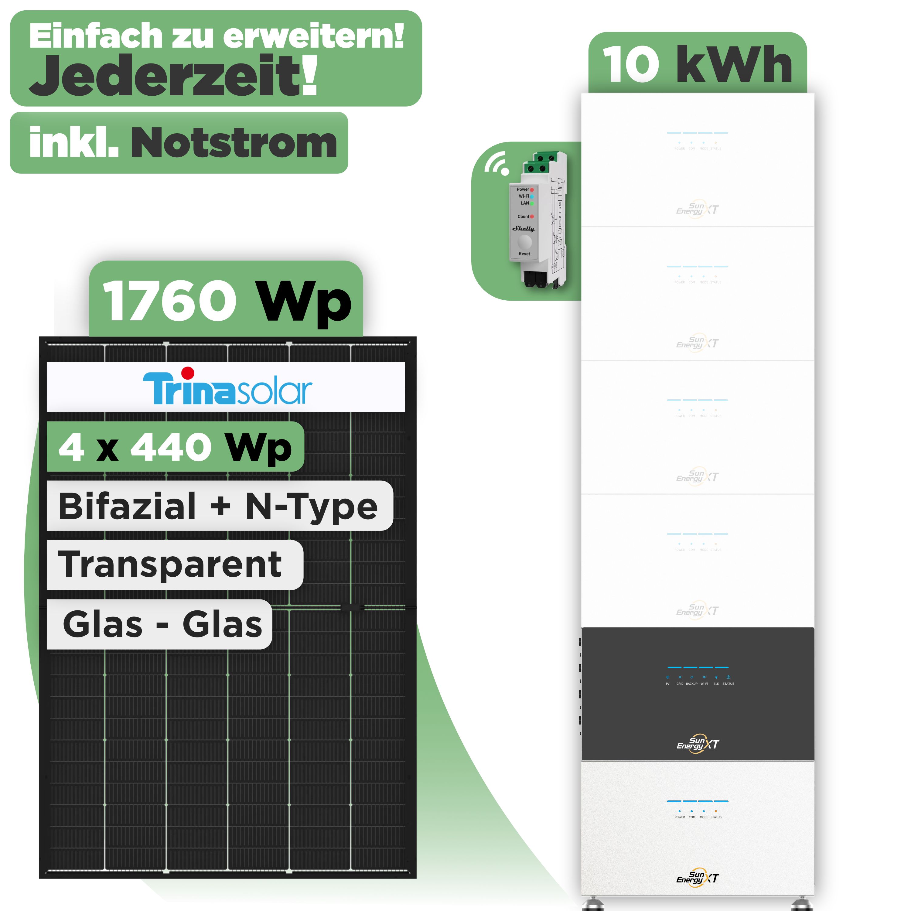 SunEnergyXT 500 Modulset 1760 Wp SunEnergyXT 500 (800 W) / 10 kWh / Shelly 3EM Pro / Trina 440 Wp / 4 Module