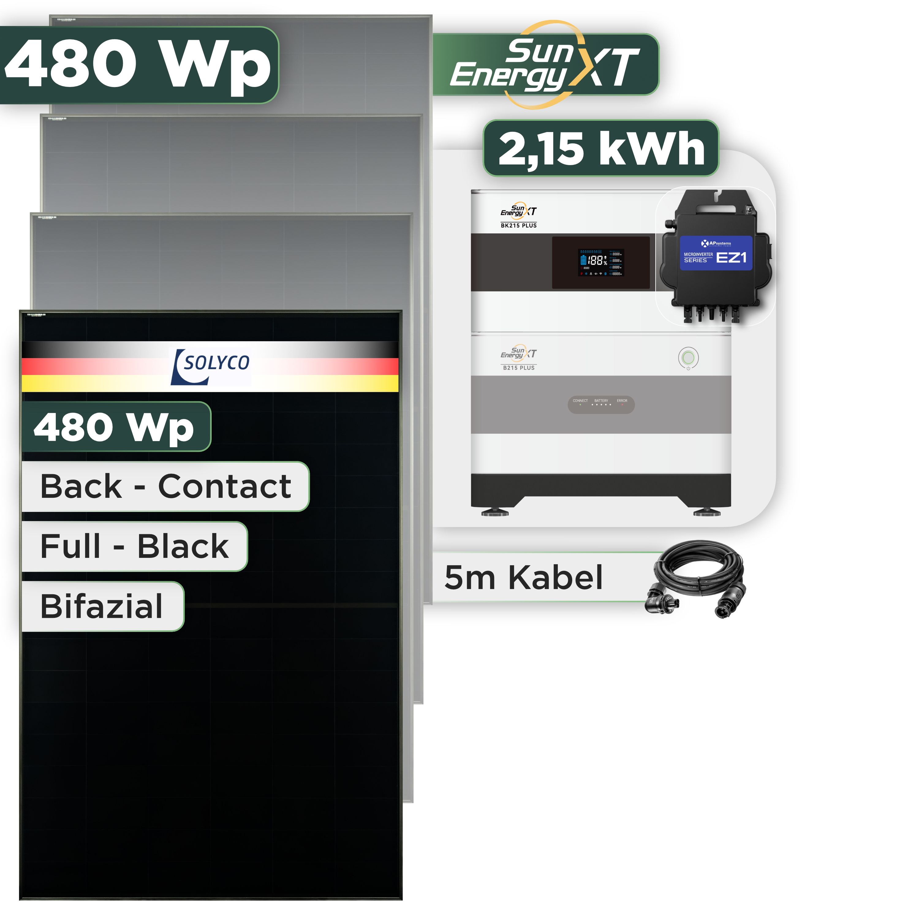 Balkonkraftwerk Set 480 Wp SunEnergyXT Plus / 2,15 kWh / Solyco 480 Wp Glas-Glas Fullblack Back Contact Modul / 1 Modul / APSystems EZ1-M (bis 800 W) / Wieland Stecker