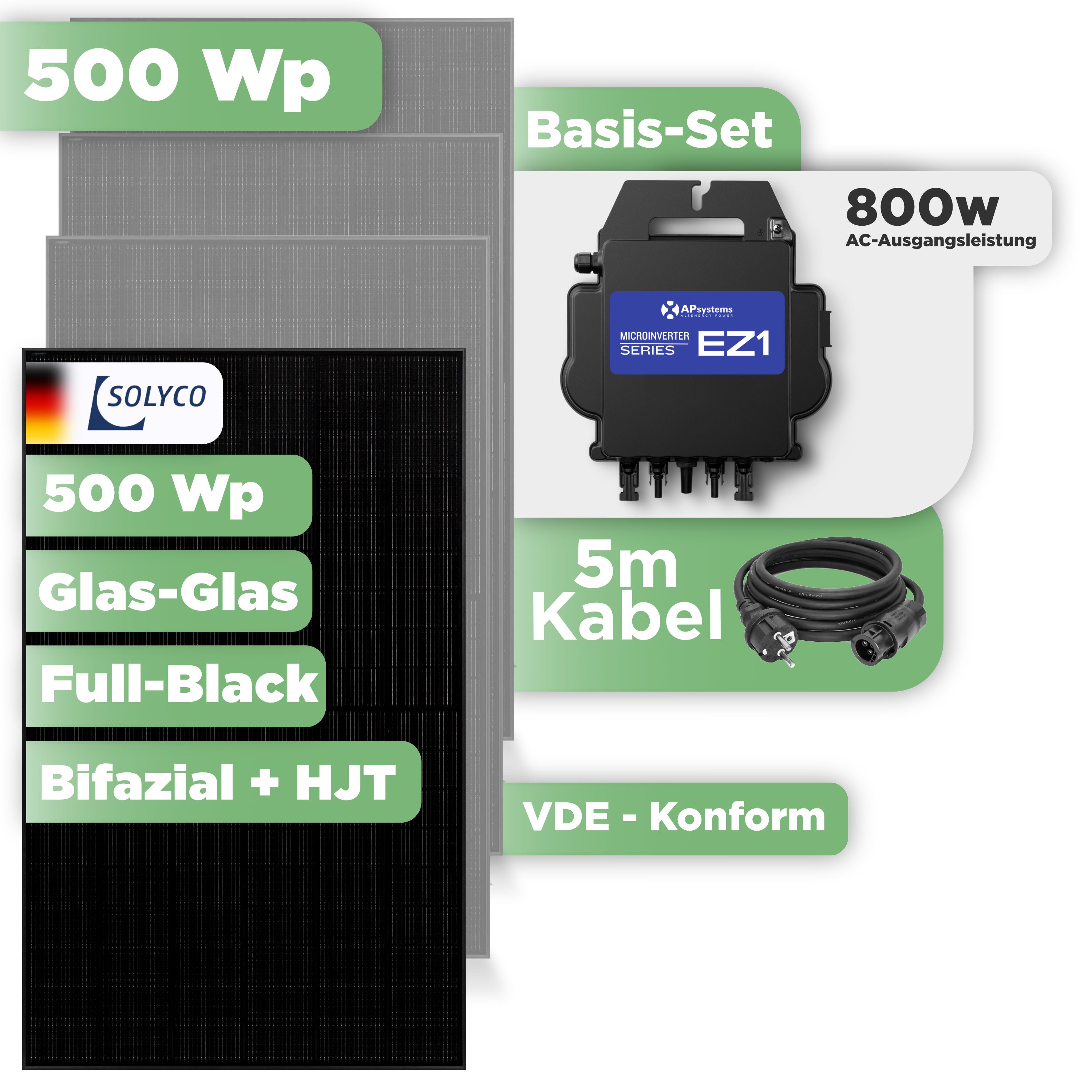 Balkonkraftwerk Basic Set 500 Wp Solyco 500 Wp Glas-Glas Fullblack-Modul Bifazial / 1 Modul / APSystems EZ1-M (bis 800 W) / Schuko Stecker