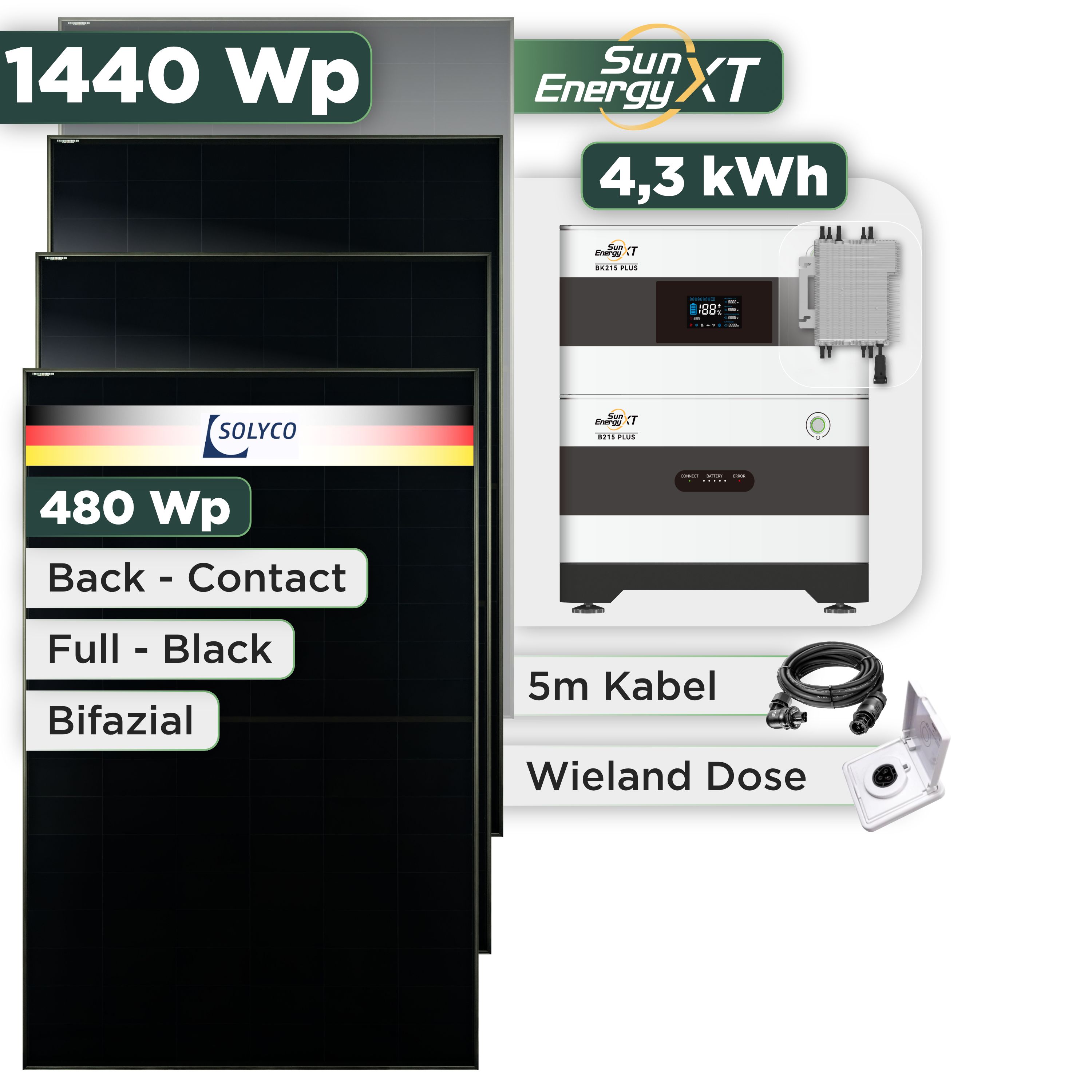 Balkonkraftwerk Set 1440 Wp SunEnergyXT Plus / 4,3 kWh / Solyco 480 Wp Glas-Glas Fullblack Back Contact Modul / 3 Module / Deye 2000 W / Wieland Stecker + Dose