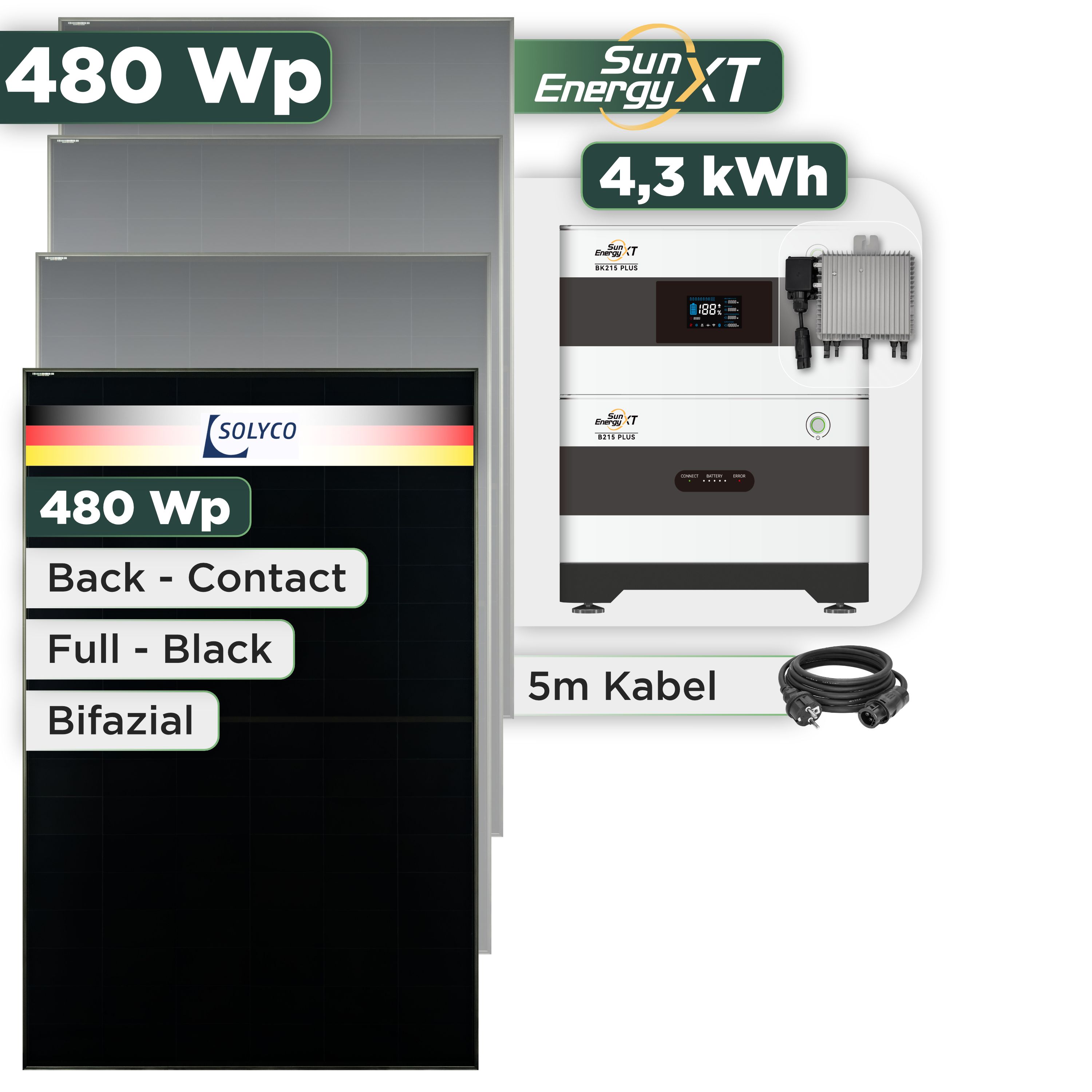 Balkonkraftwerk Set 480 Wp SunEnergyXT Plus / 4,3 kWh / Solyco 480 Wp Glas-Glas Fullblack Back Contact Modul / 1 Modul / Deye 800 W / Schuko Stecker