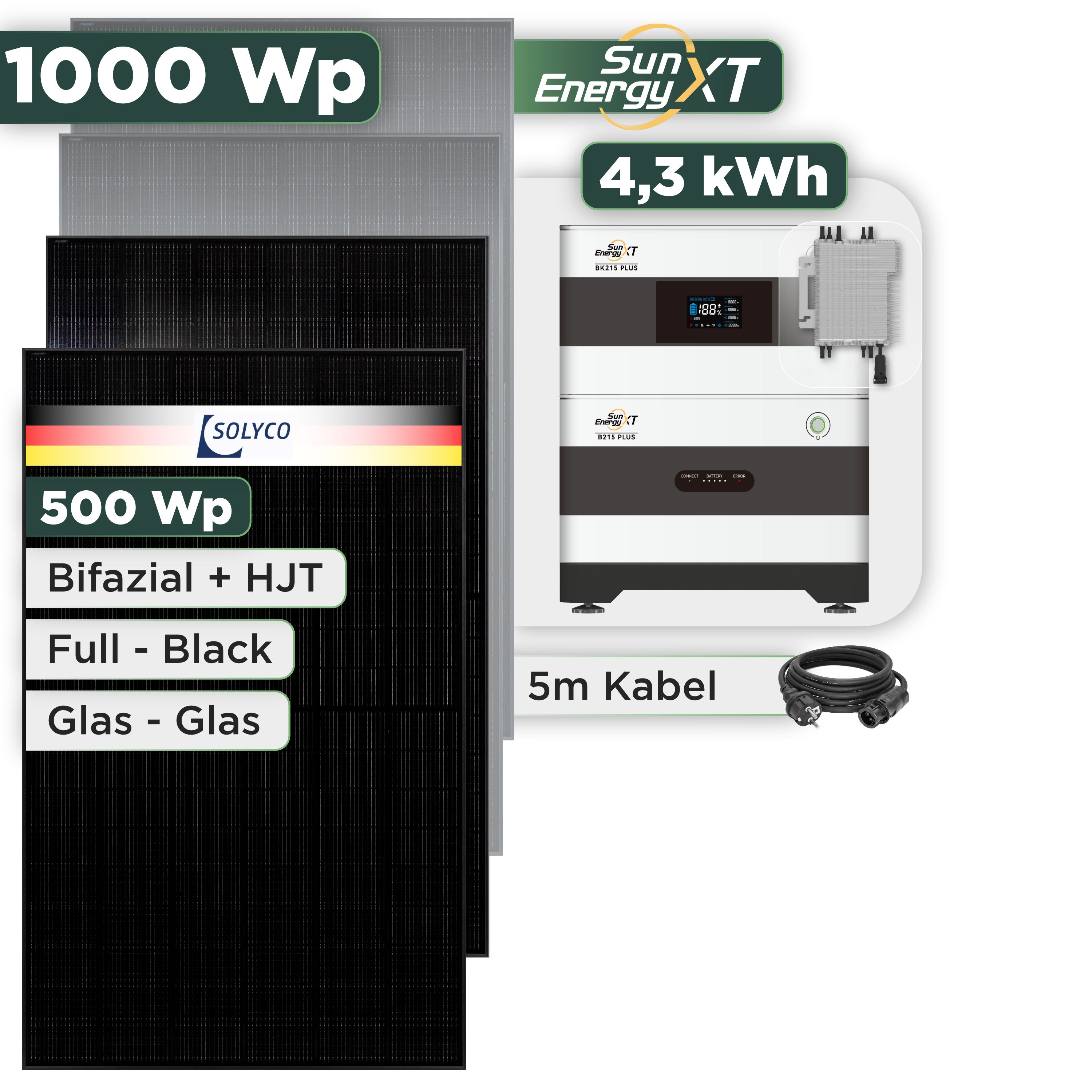 Balkonkraftwerk Set 1000 Wp SunEnergyXT Plus / 4,3 kWh / Solyco 500 Wp Glas-Glas Fullblack-Modul Bifazial / 2 Module / Deye 2000 W / Schuko Stecker