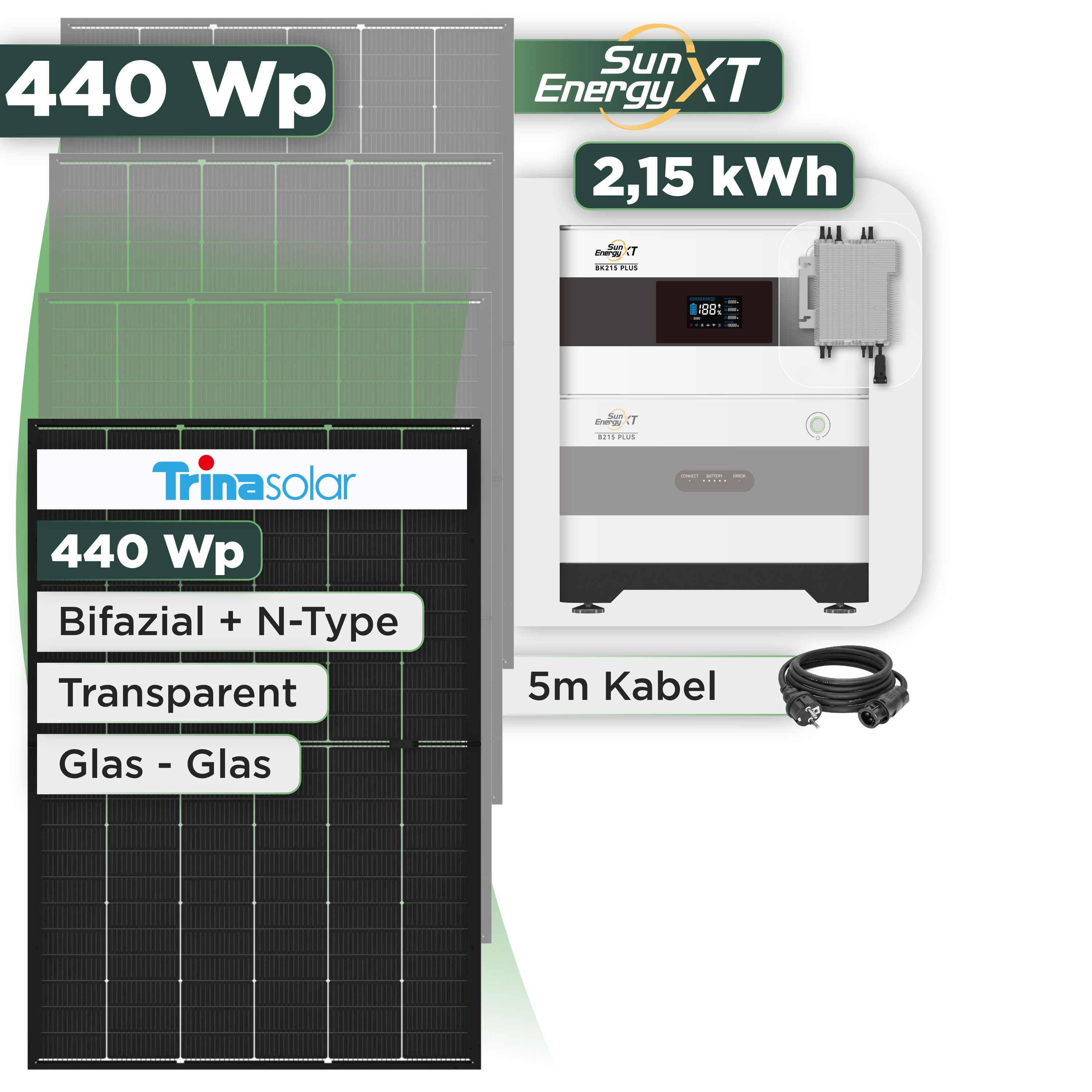 Balkonkraftwerk Set 440 Wp SunEnergyXT Plus / 2,15 kWh / Trina 440 Wp Glas-Glas Bifazial Modul / 1 Modul / Deye 2000 W / Schuko Stecker