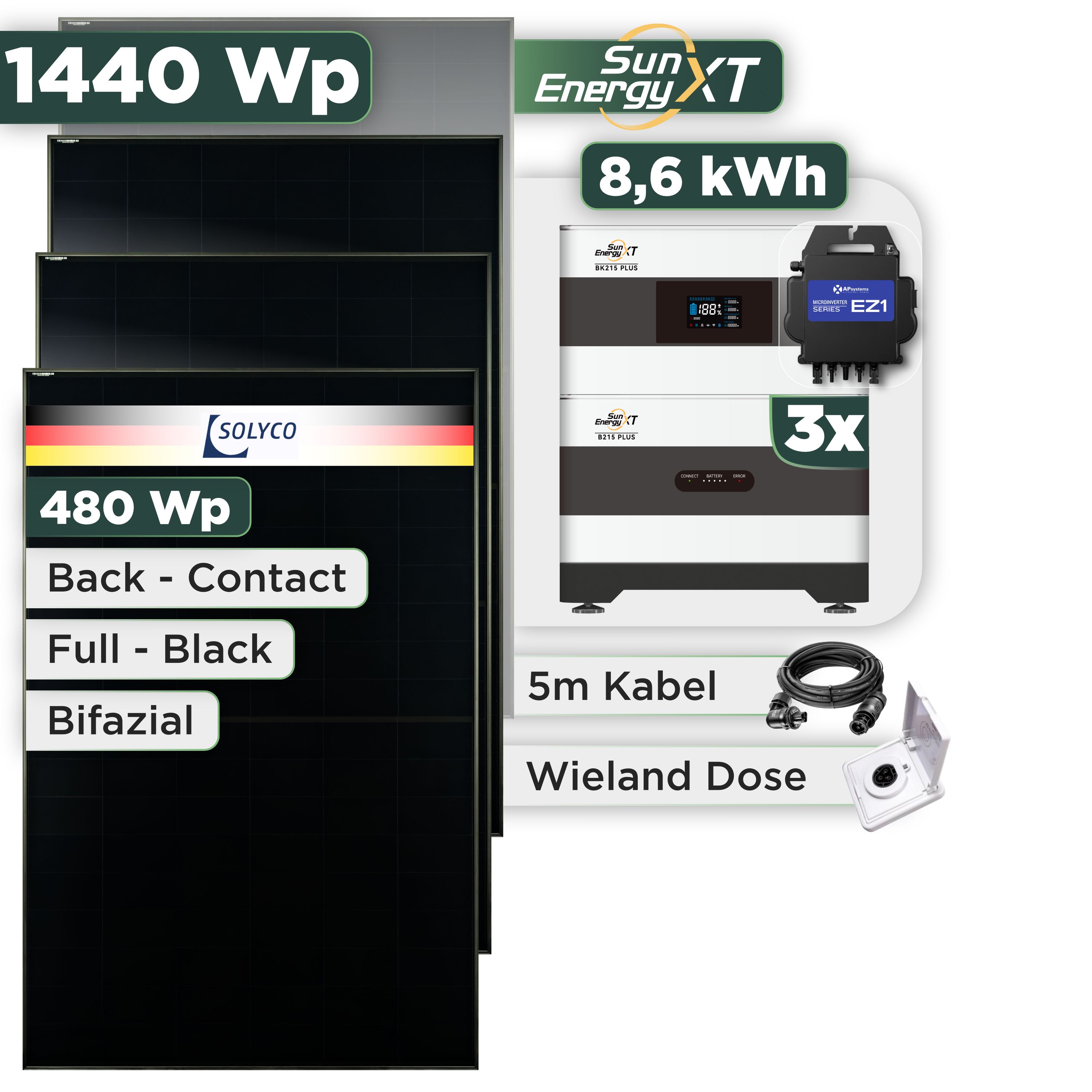 Balkonkraftwerk Set 1440 Wp SunEnergyXT Plus / 8,6 kWh / Solyco 480 Wp Glas-Glas Fullblack Back Contact Modul / 3 Module / APSystems EZ1-M (bis 800 W) / Wieland Stecker + Dose