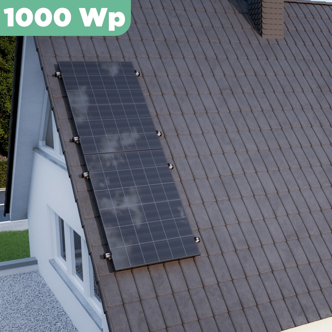 Balkonkraftwerk Ziegeldach 1000 Wp APsystems EZ1-M 800 W / Trina Solar / 500 Wp (Glas-Glas Full Black) / Klassik Halterung / zwei Reihen hochkant / 2 Module