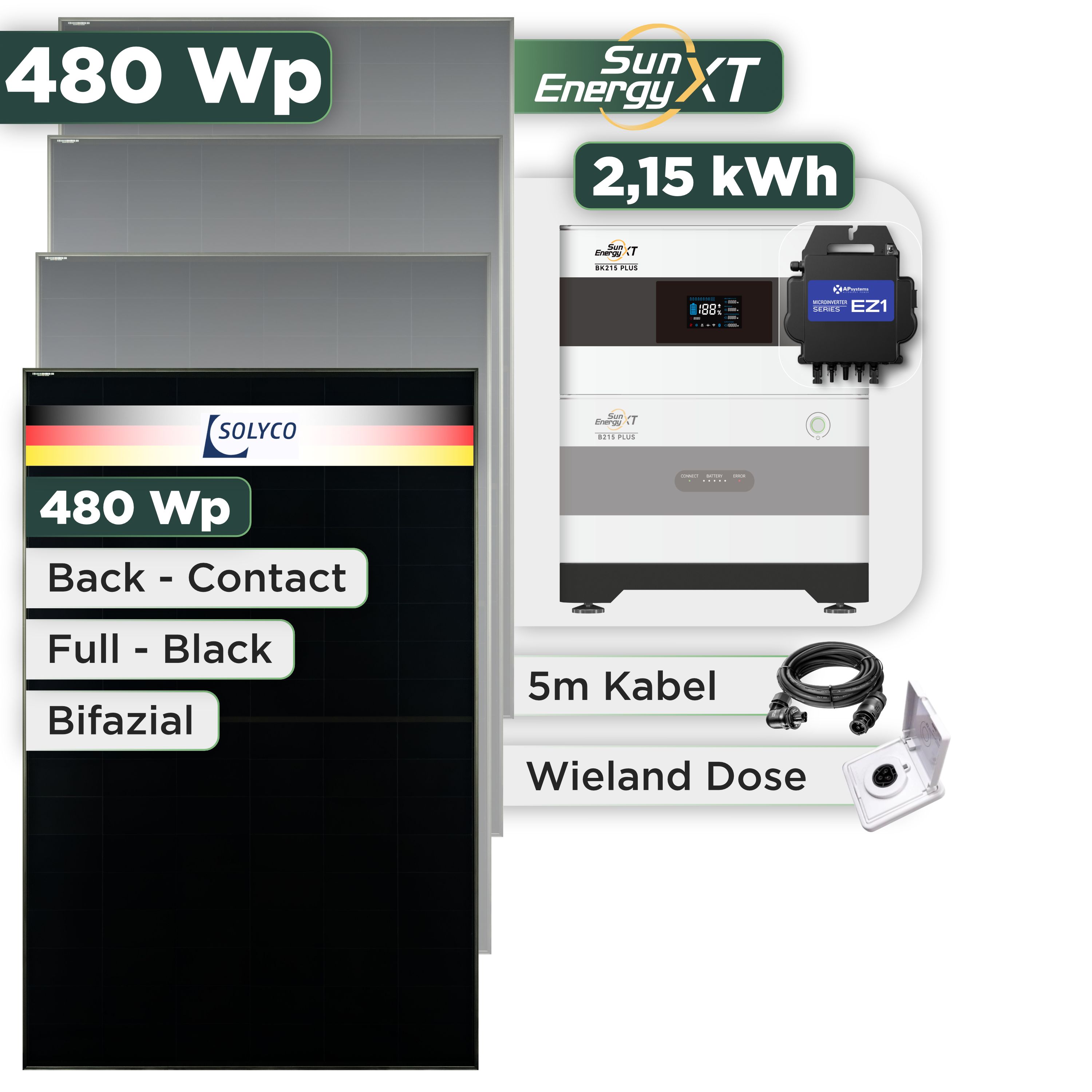 Balkonkraftwerk Set 480 Wp SunEnergyXT Plus / 2,15 kWh / Solyco 480 Wp Glas-Glas Fullblack Back Contact Modul / 1 Modul / APSystems EZ1-M (bis 800 W) / Wieland Stecker + Dose