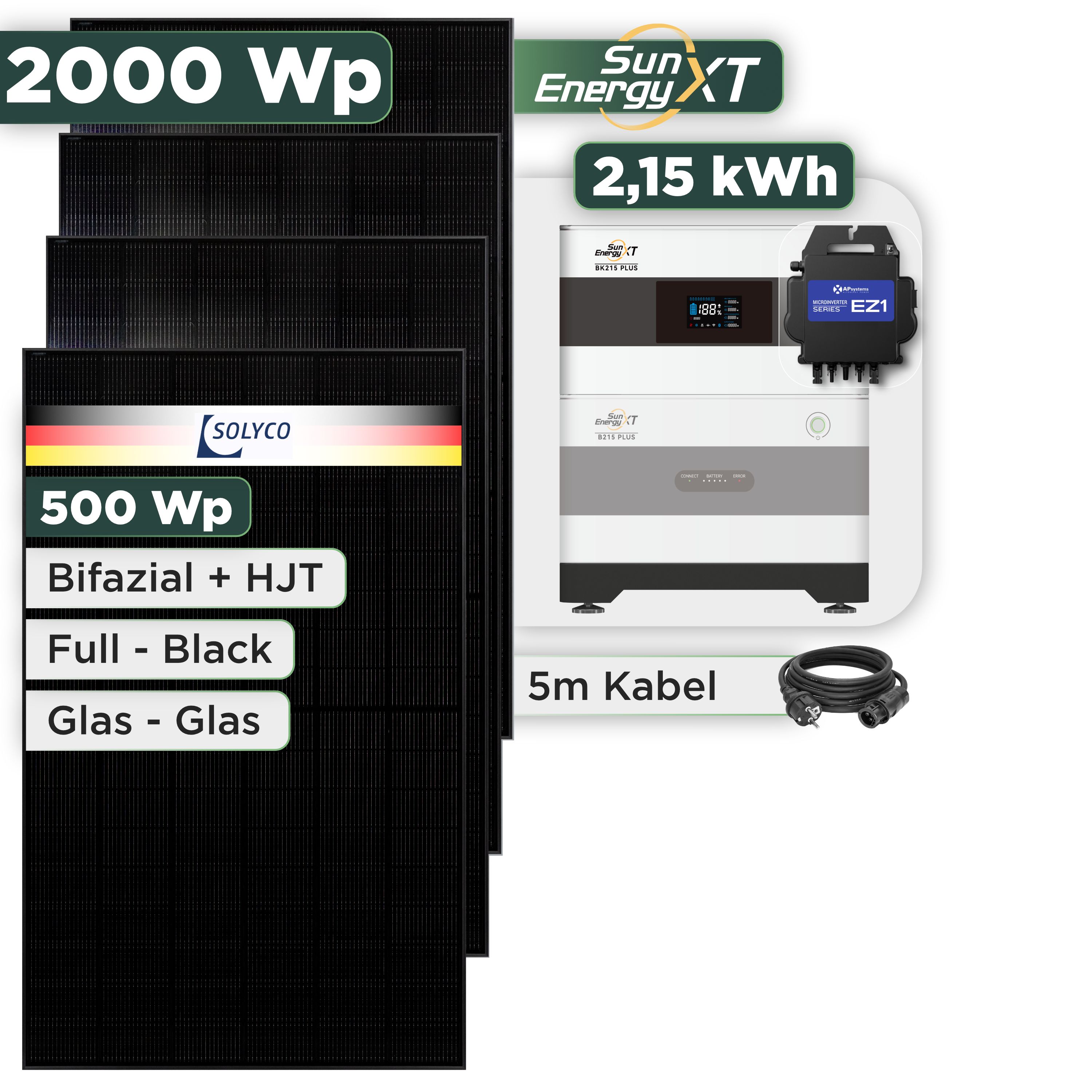 Balkonkraftwerk Set 2000 Wp SunEnergyXT Plus / 2,15 kWh / Solyco 500 Wp Glas-Glas Fullblack-Modul Bifazial / 4 Module / APSystems EZ1-M (bis 800 W) / Schuko Stecker