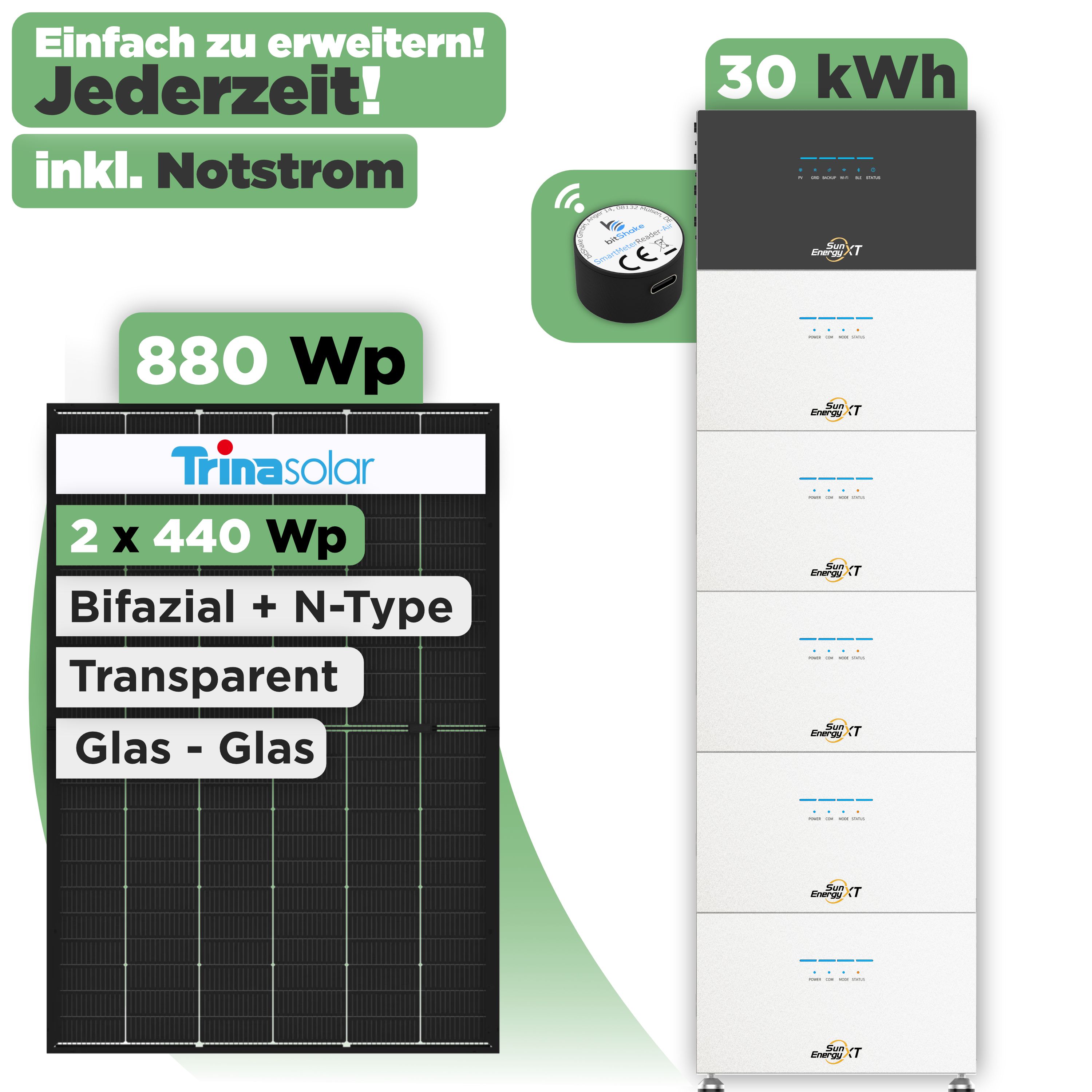 SunEnergyXT 500 Modulset 880 Wp SunEnergyXT 500 (800 W) / 30 kWh / IR Lesekopf / Trina 440 Wp / 2 Module