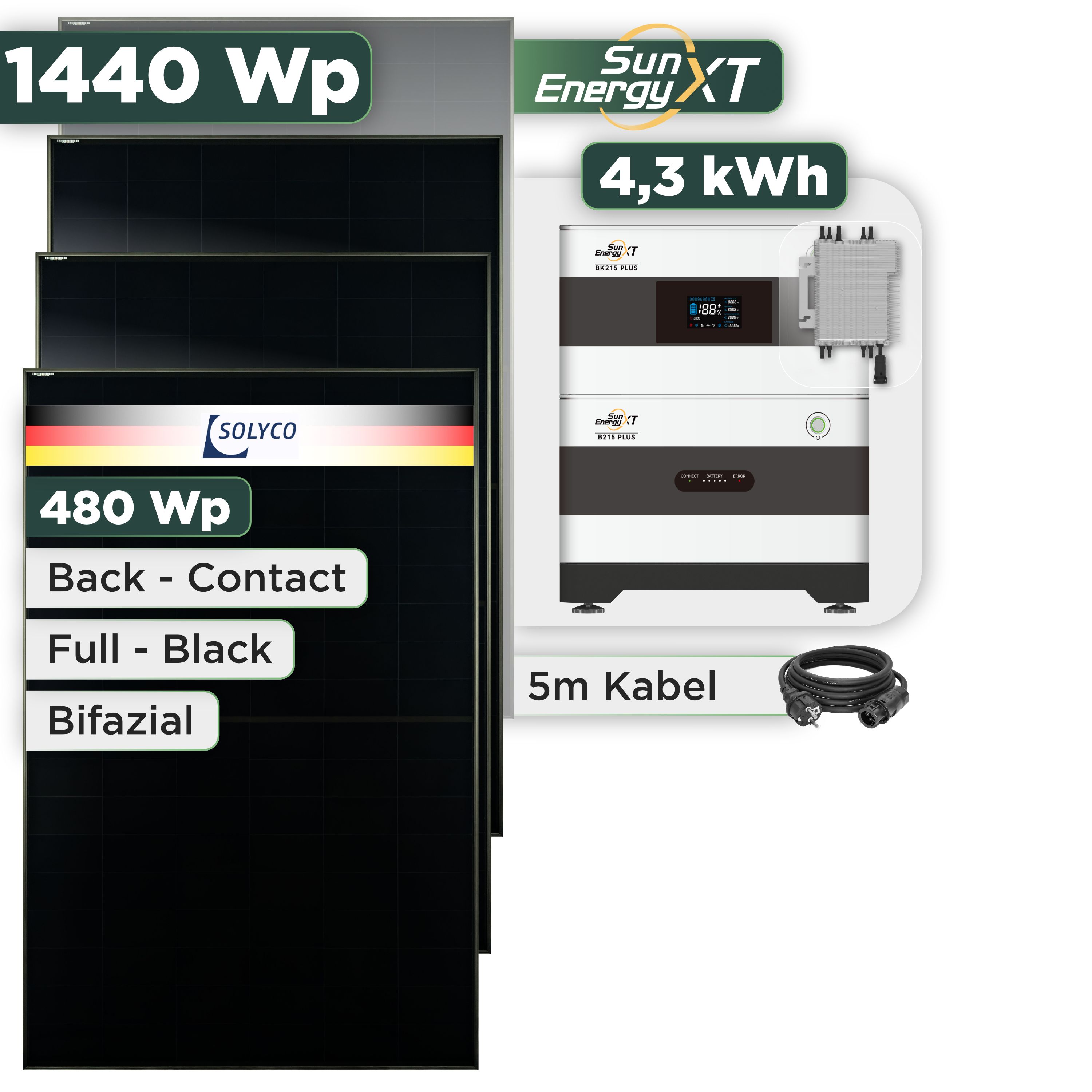 Balkonkraftwerk Set 1440 Wp SunEnergyXT Plus / 4,3 kWh / Solyco 480 Wp Glas-Glas Fullblack Back Contact Modul / 3 Module / Deye 2000 W / Schuko Stecker