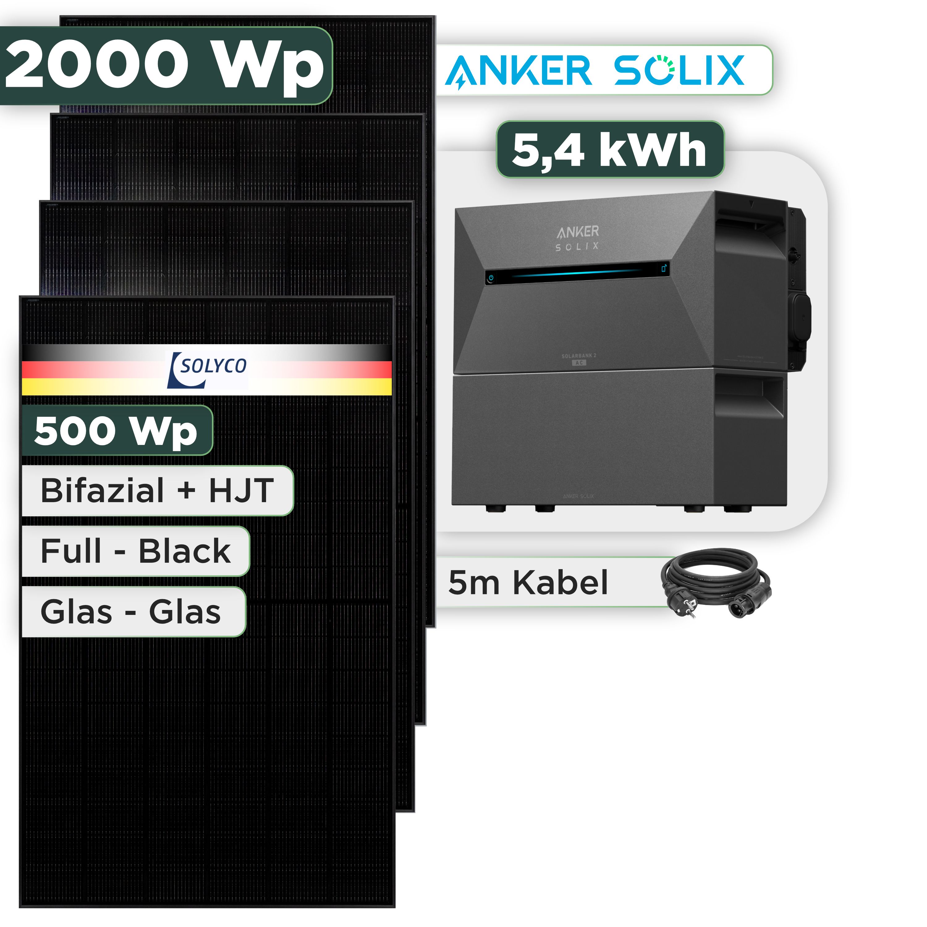 Balkonkraftwerk Set 2000 Wp Anker Solarbank 3 Pro / 5,4 kWh / Solyco 500 Wp Glas-Glas Fullblack-Modul Bifazial / 4 Module / Schuko Stecker / 3 m