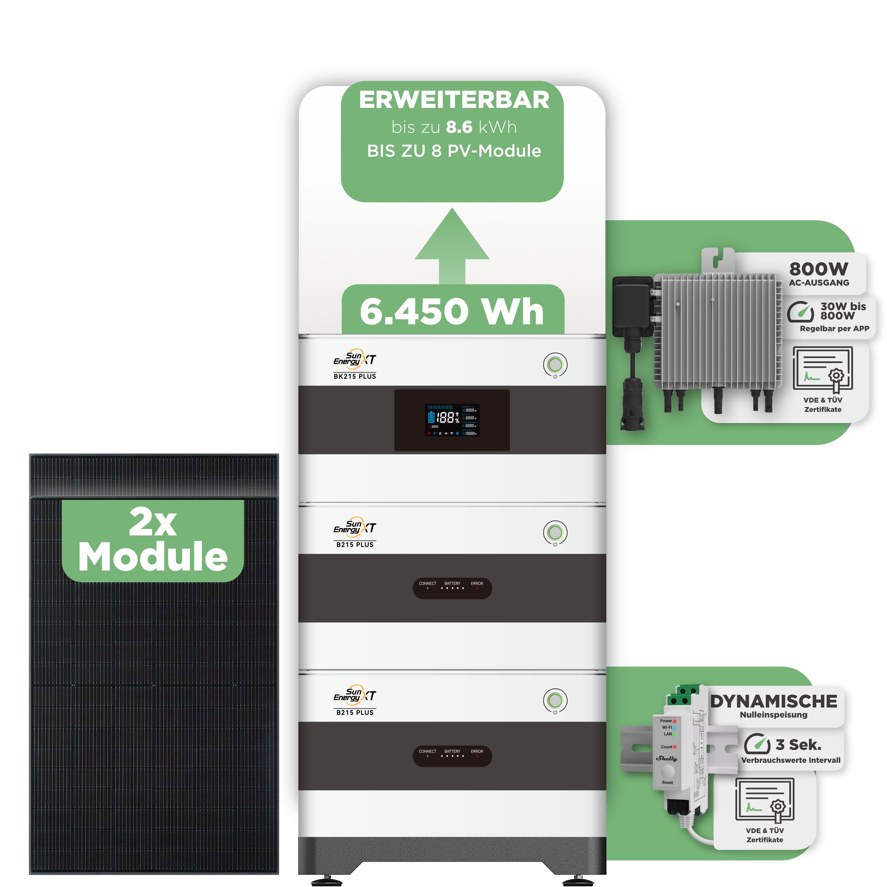 SunEnergyXT BK215 Plus Balkonkraftwerkspeicher 6.450 Wh / mit Shelly 3EM Pro / 800 W (Deye-SUN-M)