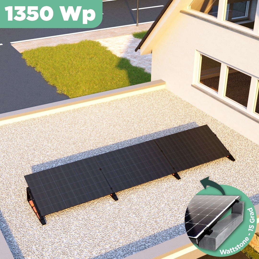 Balkonkraftwerk Flachdach 1350 Wp — APsystems EZ1-M 800 W / Trina Solar / 450 Wp (Glas-Glas Full Black) / Premium - Wattstone Black 15°  / eine Reihe quer / 3 Module / 20 m