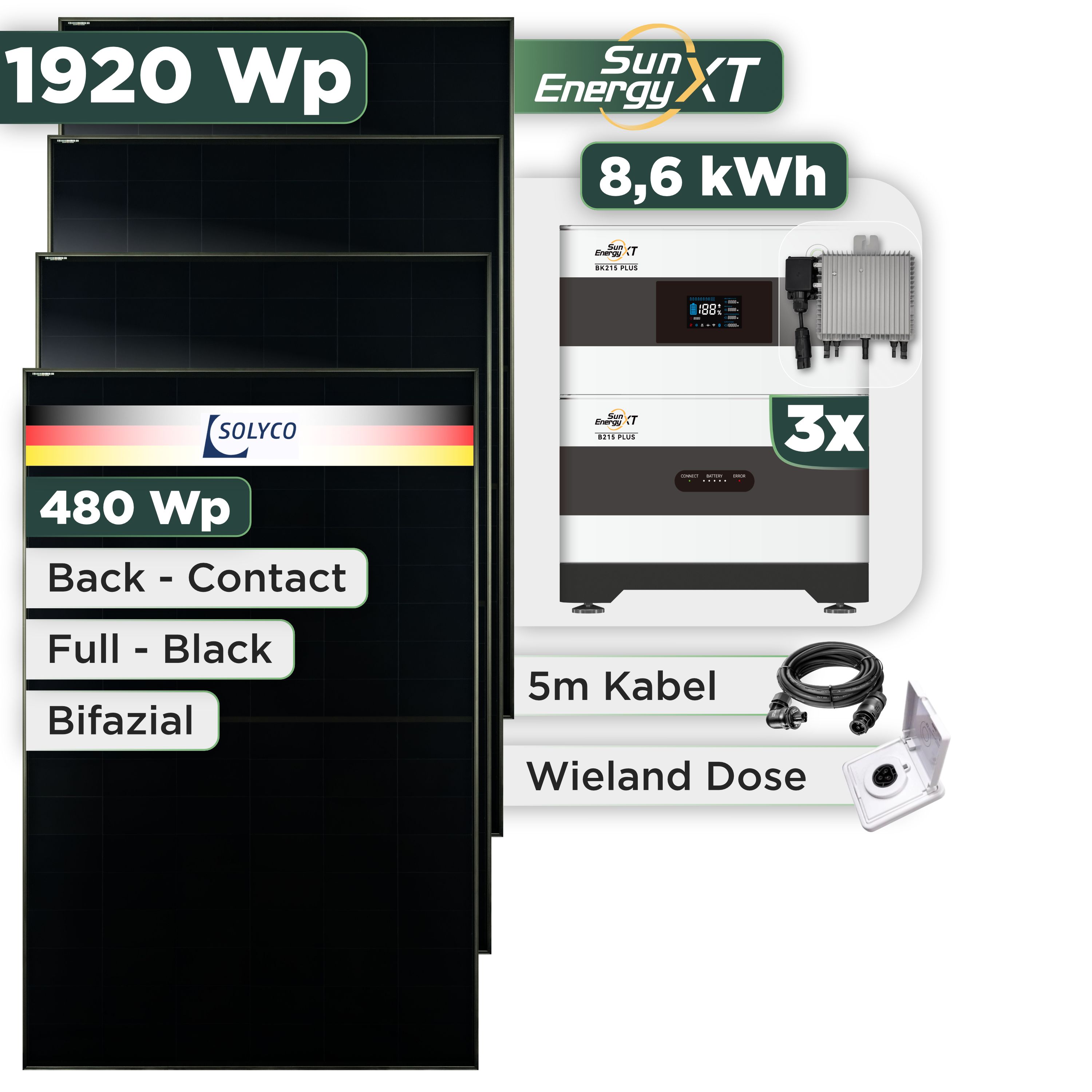 Balkonkraftwerk Set 1920 Wp SunEnergyXT Plus / 8,6 kWh / Solyco 480 Wp Glas-Glas Fullblack Back Contact Modul / 4 Module / Deye 800 W / Wieland Stecker + Dose