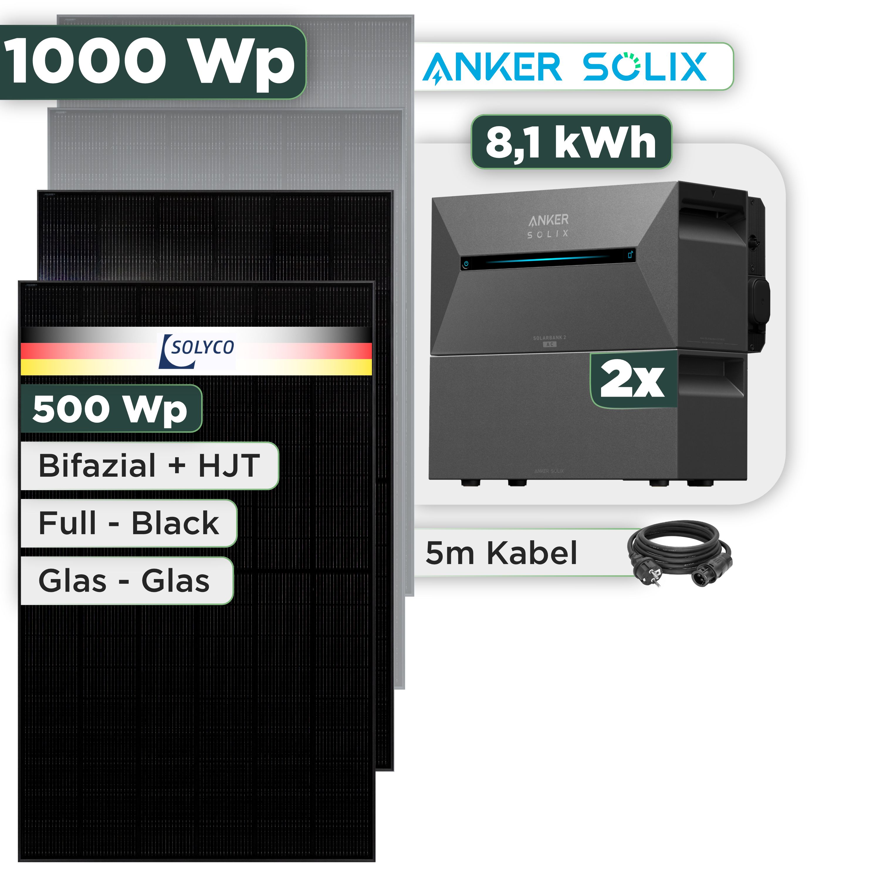 Balkonkraftwerk Set 1000 Wp Anker Solarbank 3 Pro / 8,1 kWh / Solyco 500 Wp Glas-Glas Fullblack-Modul Bifazial / 2 Module / Schuko Stecker / 3 m