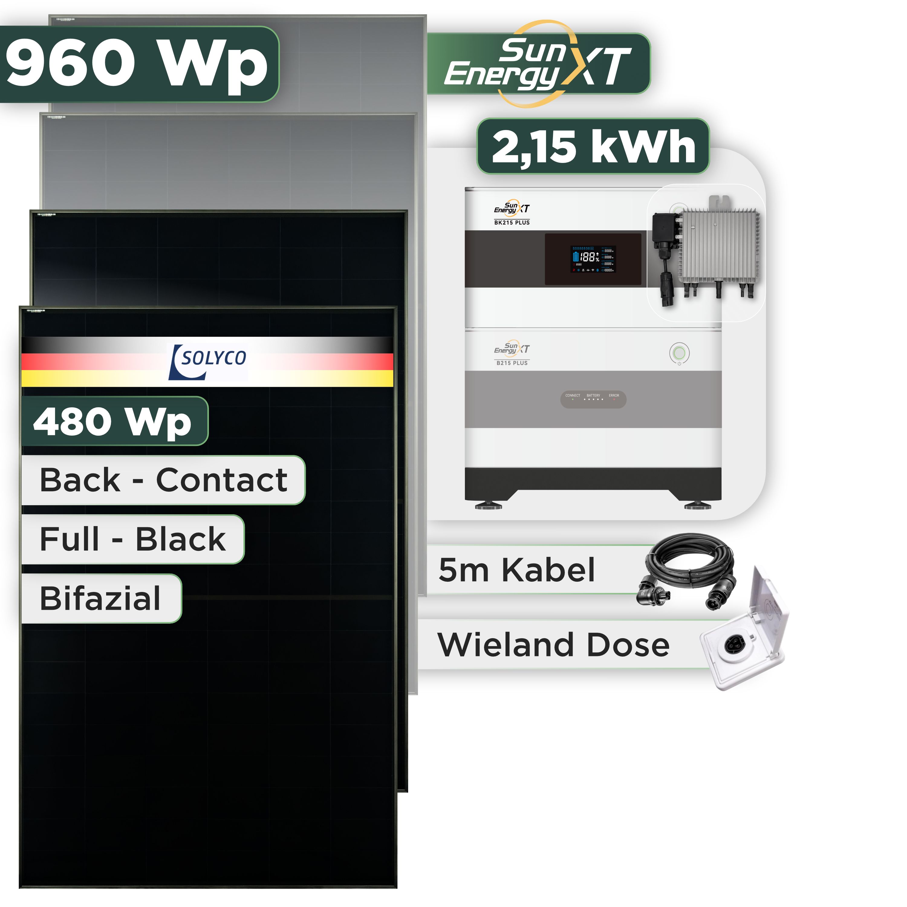 Balkonkraftwerk Set 960 Wp SunEnergyXT Plus / 2,15 kWh / Solyco 480 Wp Glas-Glas Fullblack Back Contact Modul / 2 Module / Deye 800 W / Wieland Stecker + Dose