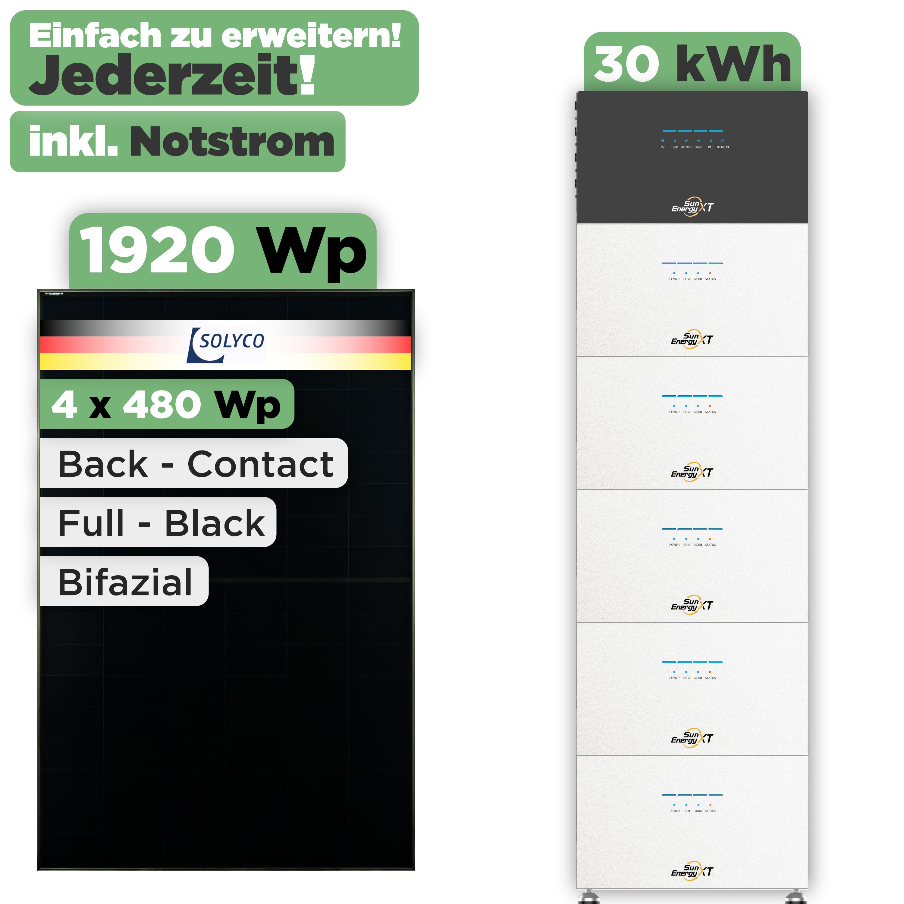 SunEnergyXT 500 Modulset 1920 Wp SunEnergyXT 500 (800 W) / 30 kWh / Solyco 480 Wp / 4 Module