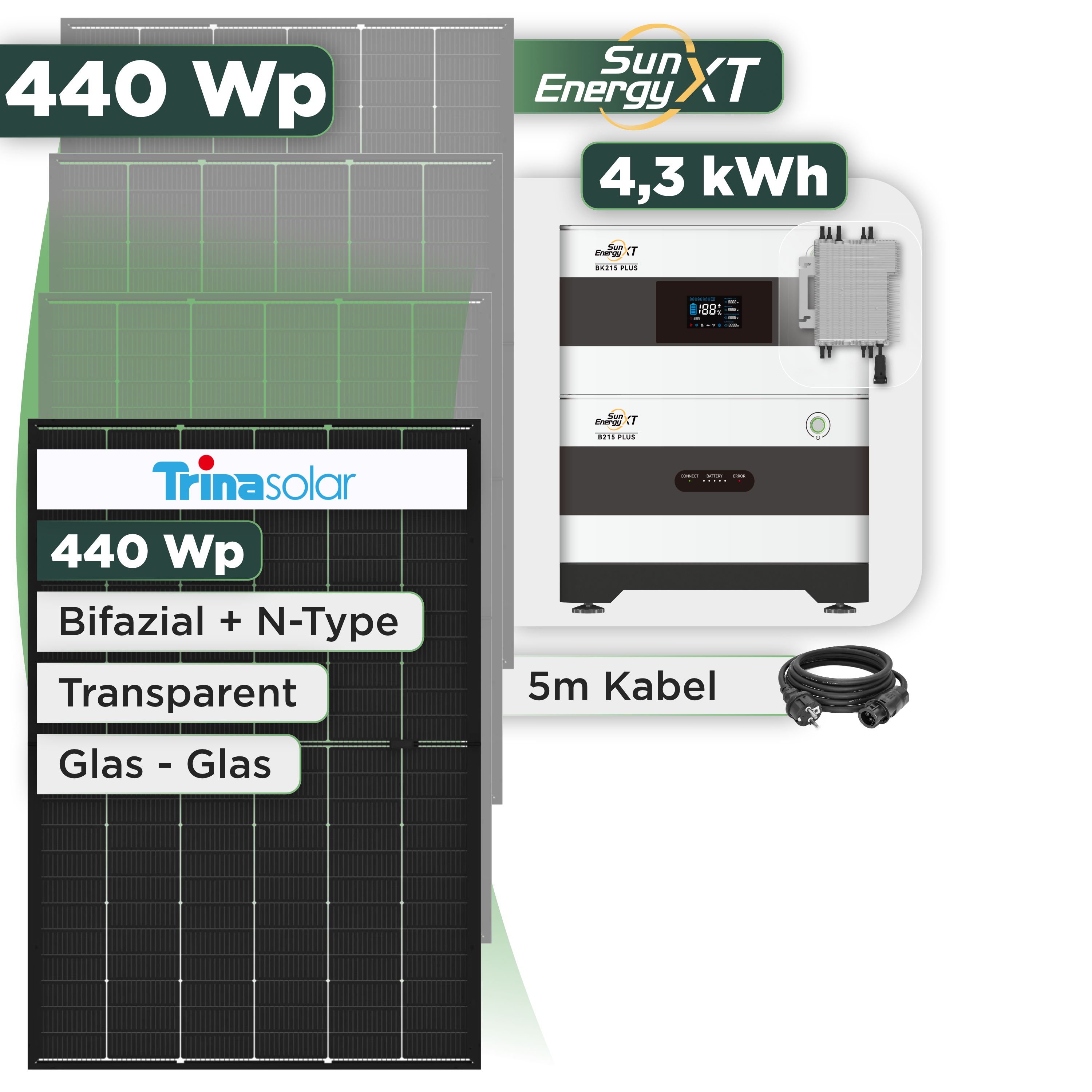 Balkonkraftwerk Set 440 Wp SunEnergyXT Plus / 4,3 kWh / Trina 440 Wp Glas-Glas Bifazial Modul / 1 Modul / Deye 2000 W / Schuko Stecker