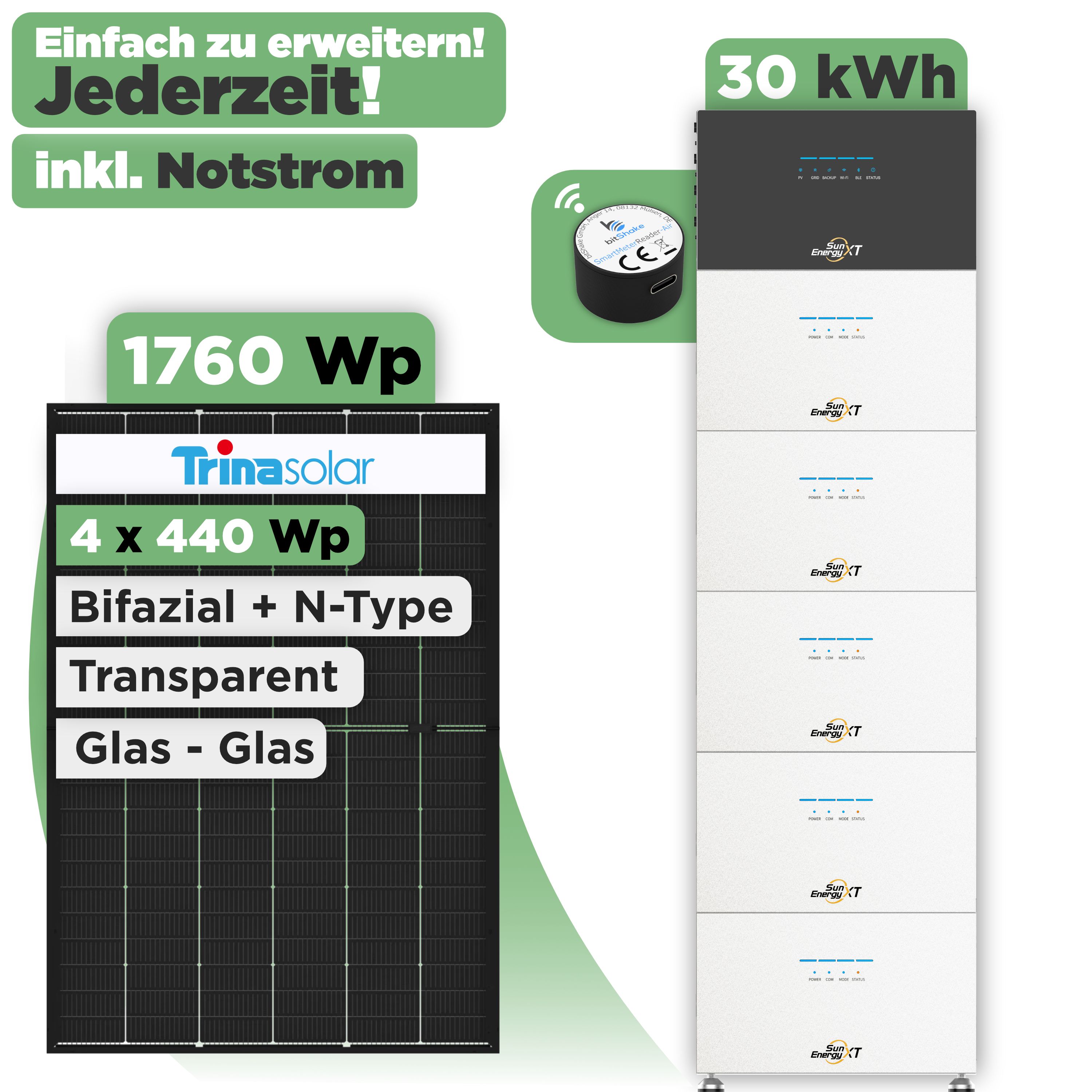 SunEnergyXT 500 Modulset 1760 Wp SunEnergyXT 500 (800 W) / 30 kWh / IR Lesekopf / Trina 440 Wp / 4 Module