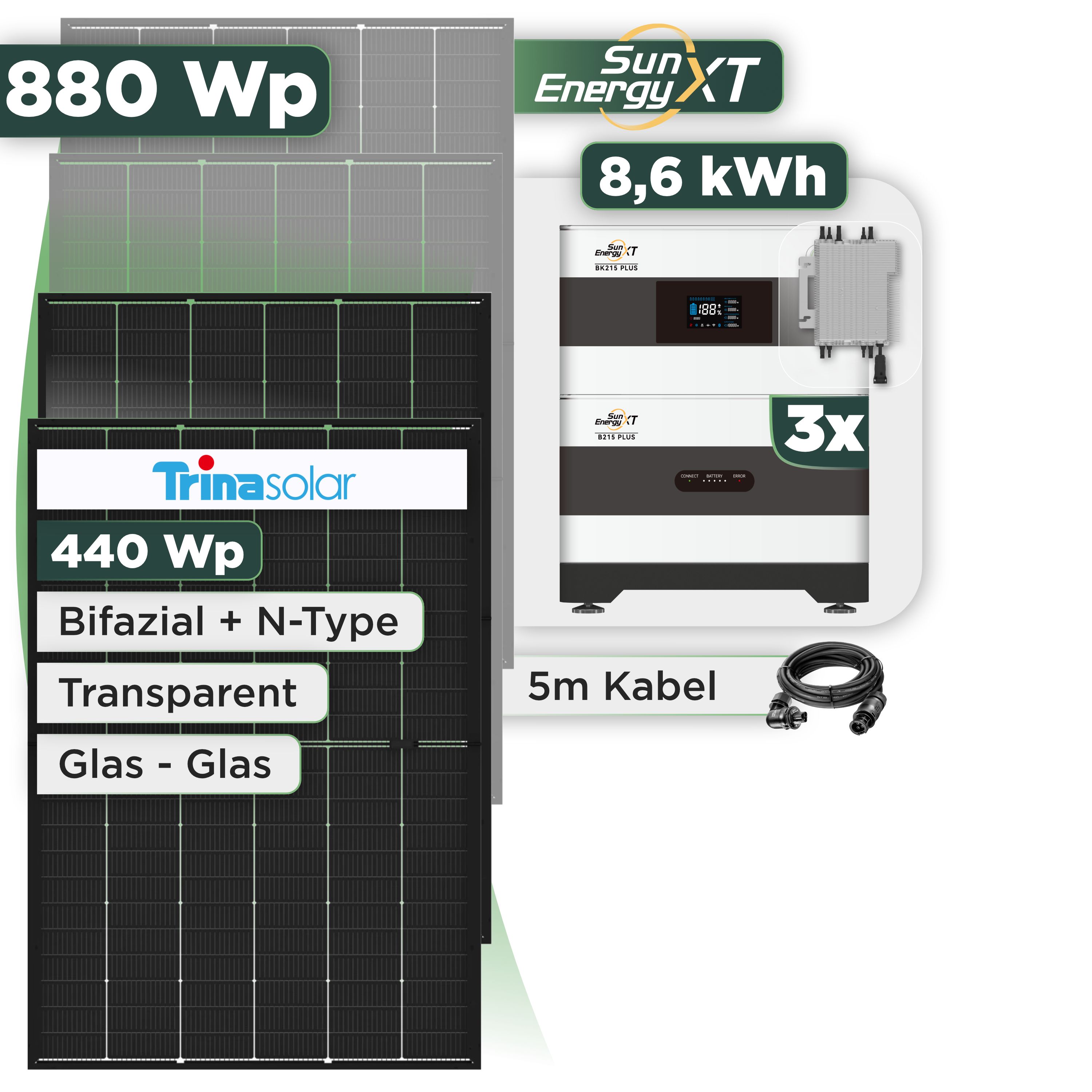 Balkonkraftwerk Set 880 Wp SunEnergyXT Plus / 8,6 kWh / Trina 440 Wp Glas-Glas Bifazial Modul / 2 Module / Deye 2000 W / Wieland Stecker
