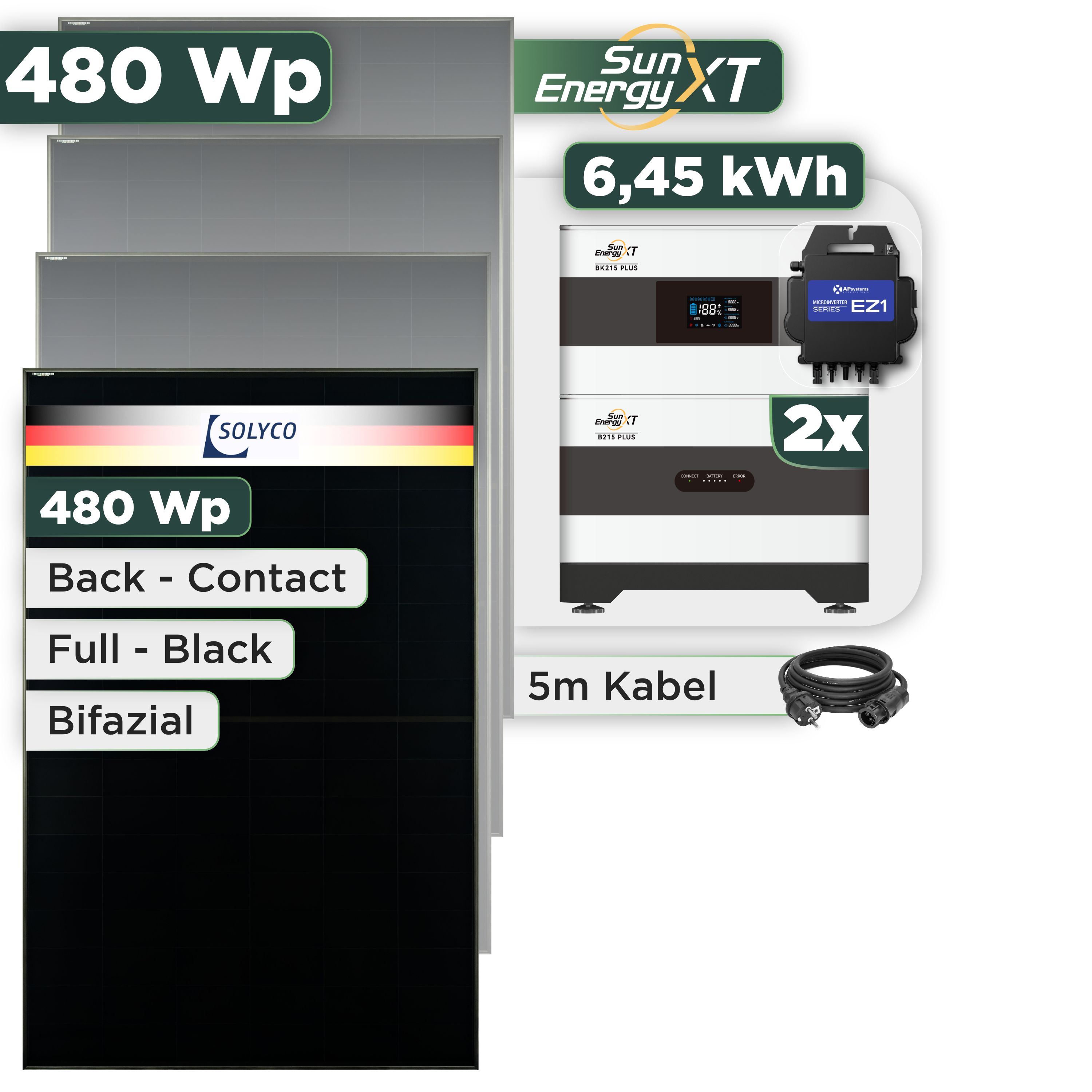 Balkonkraftwerk Set 480 Wp SunEnergyXT Plus / 6,45 kWh / Solyco 480 Wp Glas-Glas Fullblack Back Contact Modul / 1 Modul / APSystems EZ1-M (bis 800 W) / Schuko Stecker