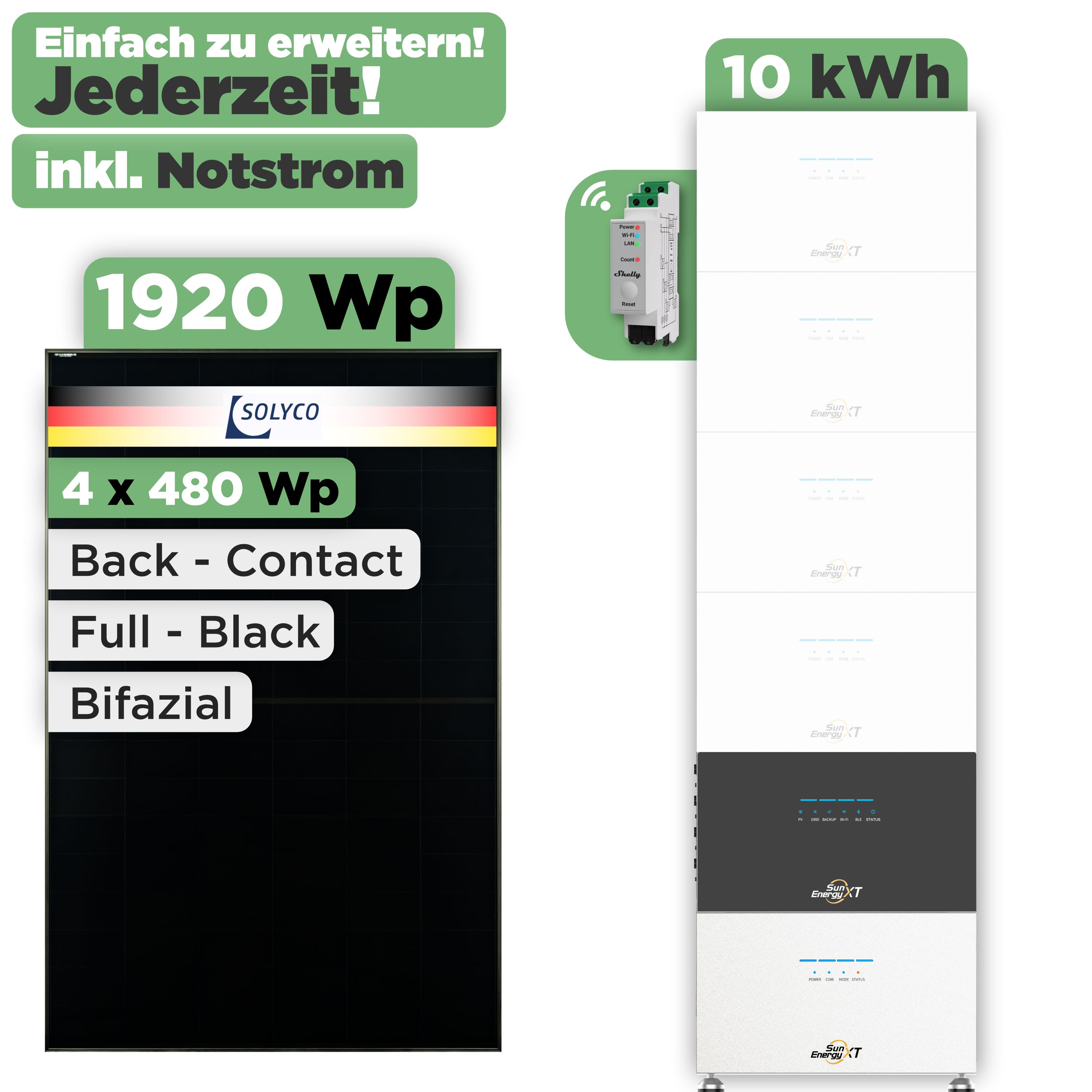 SunEnergyXT 500 Modulset 1920 Wp SunEnergyXT 500 (800 W) / 10 kWh / Shelly 3EM Pro / Solyco 480 Wp / 4 Module