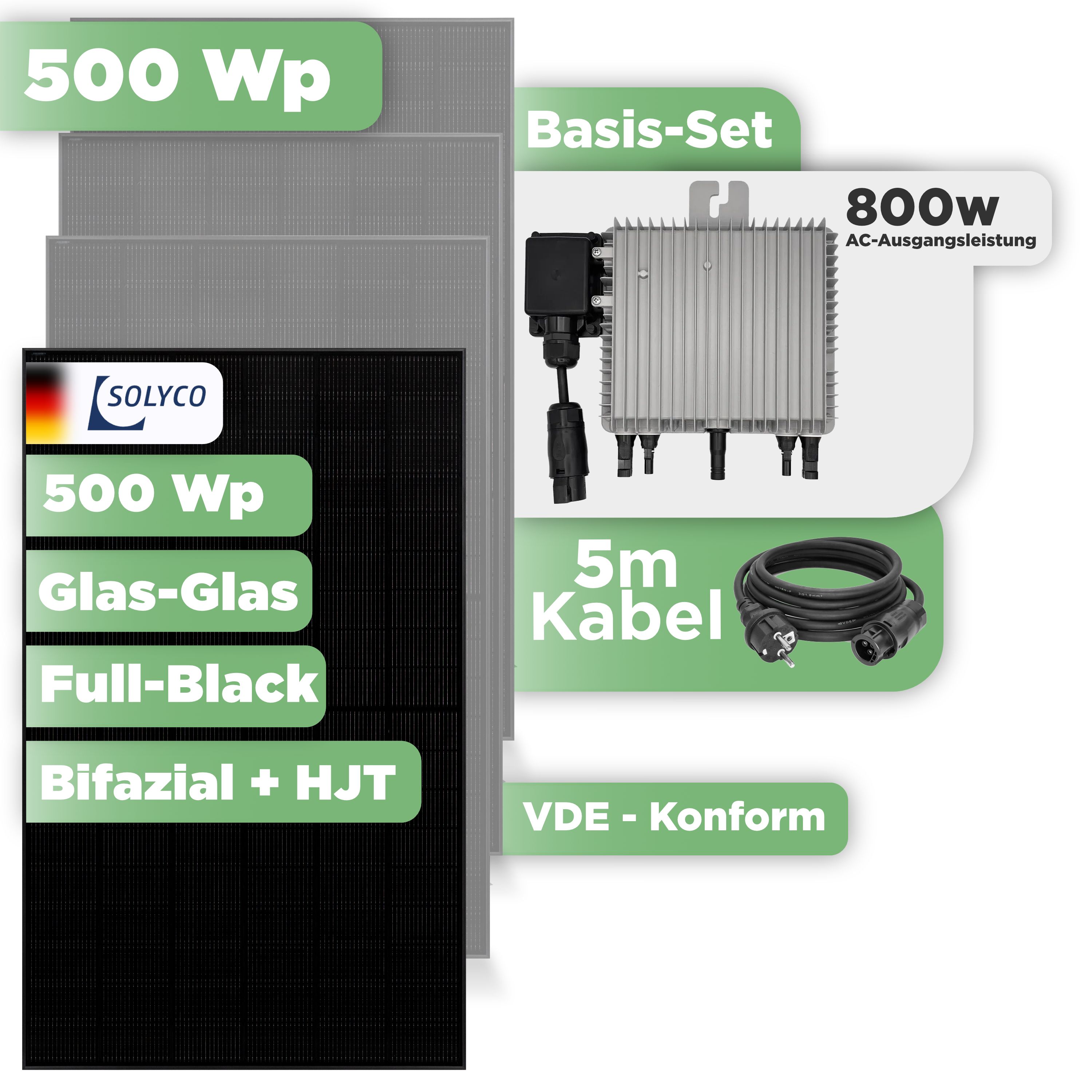 Balkonkraftwerk Basic Set 500 Wp Solyco 500 Wp Glas-Glas Fullblack-Modul Bifazial / 1 Modul / Deye 800 W / Schuko Stecker