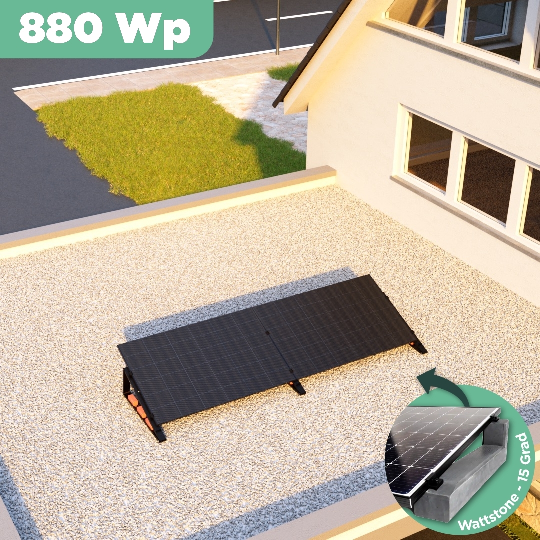 Balkonkraftwerk Flachdach 880 Wp — APsystems EZ1-M 800 W / Trina Solar / 440 Wp (Glas-Glas + Bifazial) / Premium - Wattstone Black 15°  / eine Reihe quer / 2 Module / 20 m