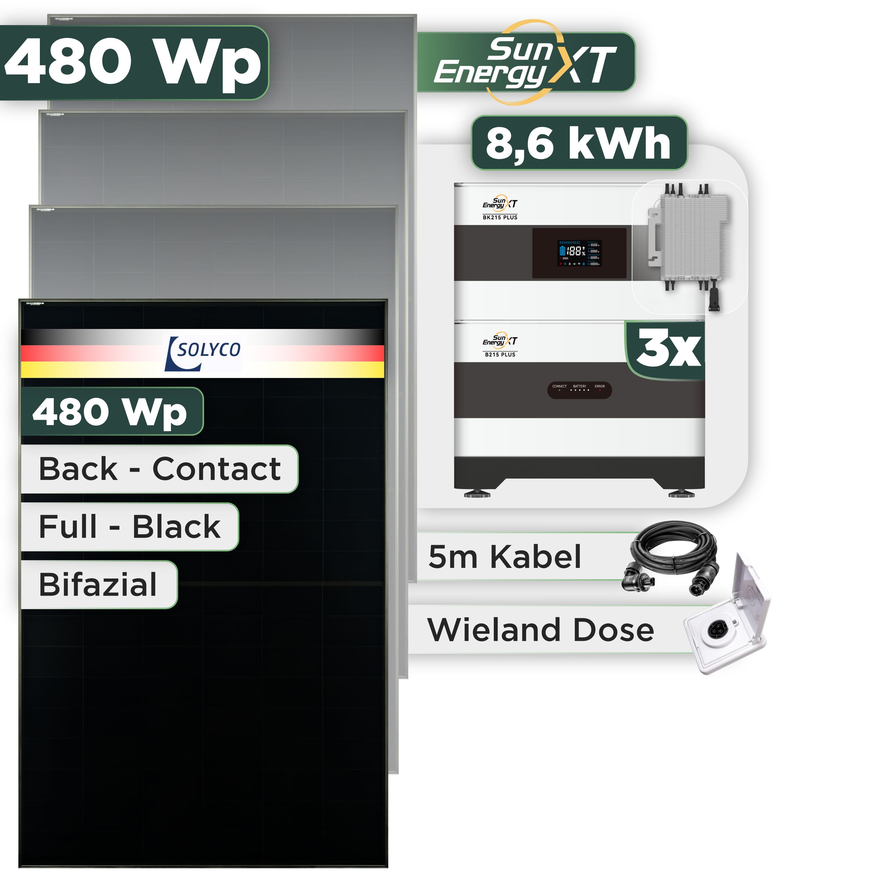 Balkonkraftwerk Set 480 Wp SunEnergyXT Plus / 8,6 kWh / Solyco 480 Wp Glas-Glas Fullblack Back Contact Modul / 1 Modul / Deye 2000 W / Wieland Stecker + Dose