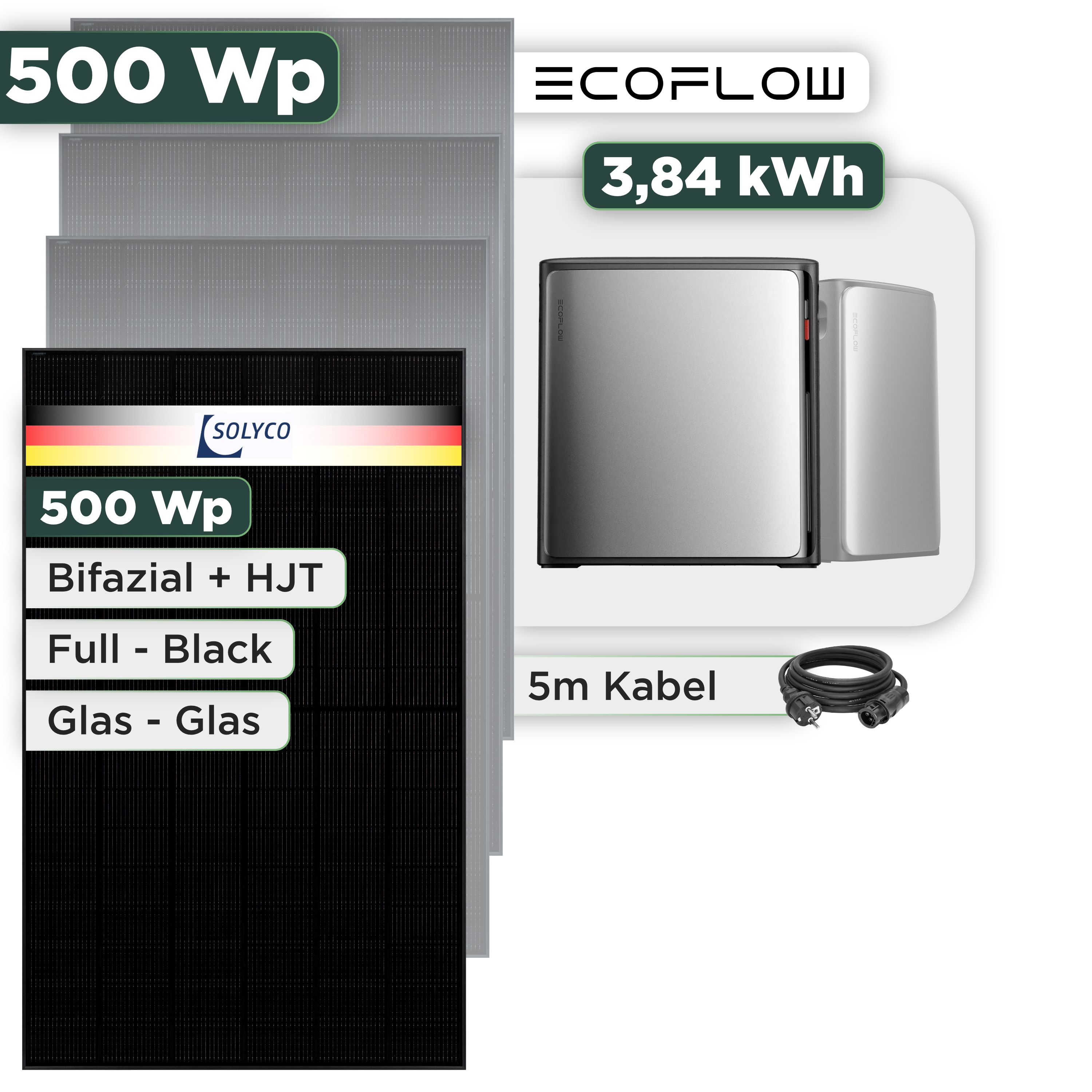 Balkonkraftwerk Set 500 Wp Ecoflow Stream Ultra X / 3,84 kWh / Solyco 500 Wp Glas-Glas Fullblack-Modul Bifazial / 1 Modul / Schuko Stecker / 1,5 m