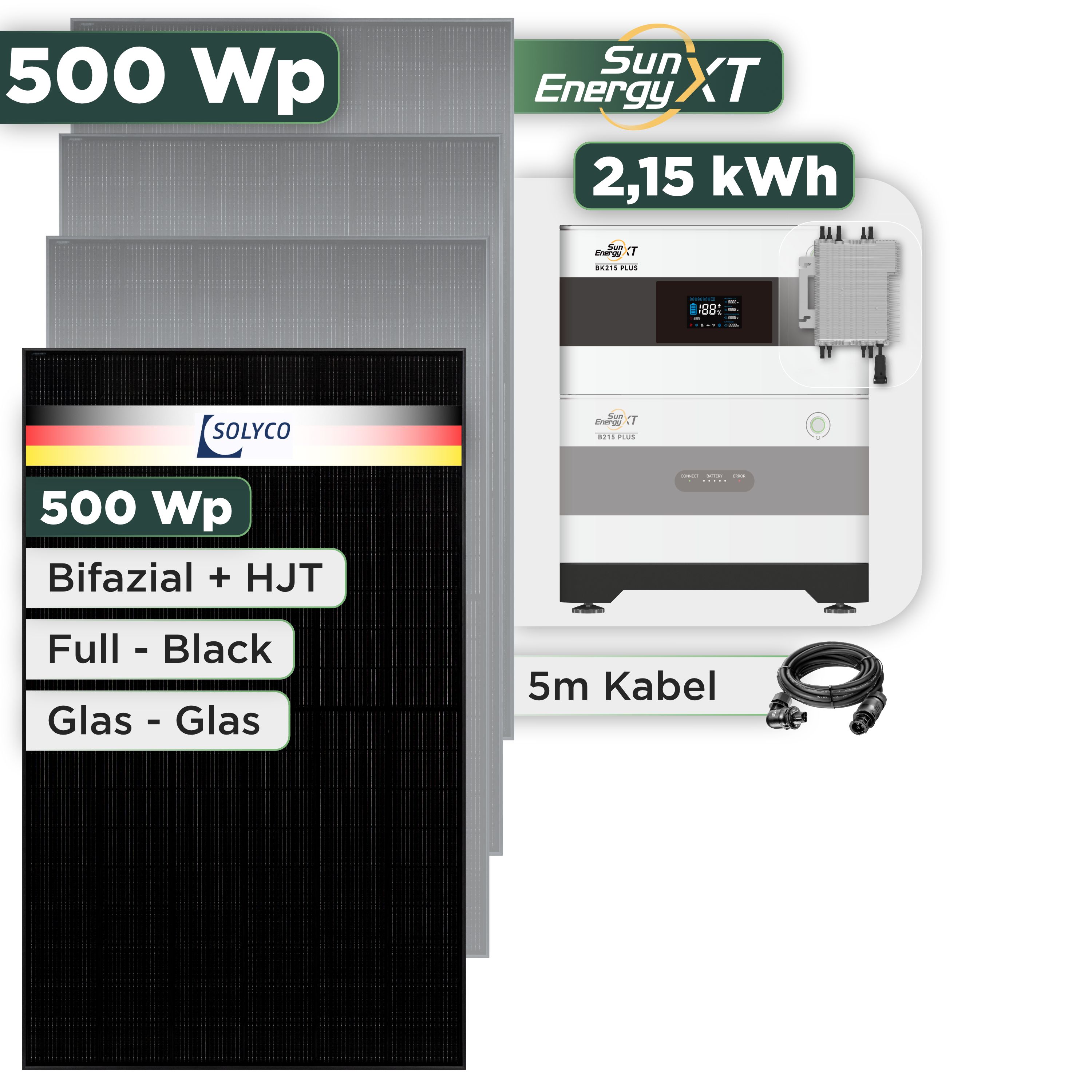 Balkonkraftwerk Set 500 Wp SunEnergyXT Plus / 2,15 kWh / Solyco 500 Wp Glas-Glas Fullblack-Modul Bifazial / 1 Modul / Deye 2000 W / Wieland Stecker