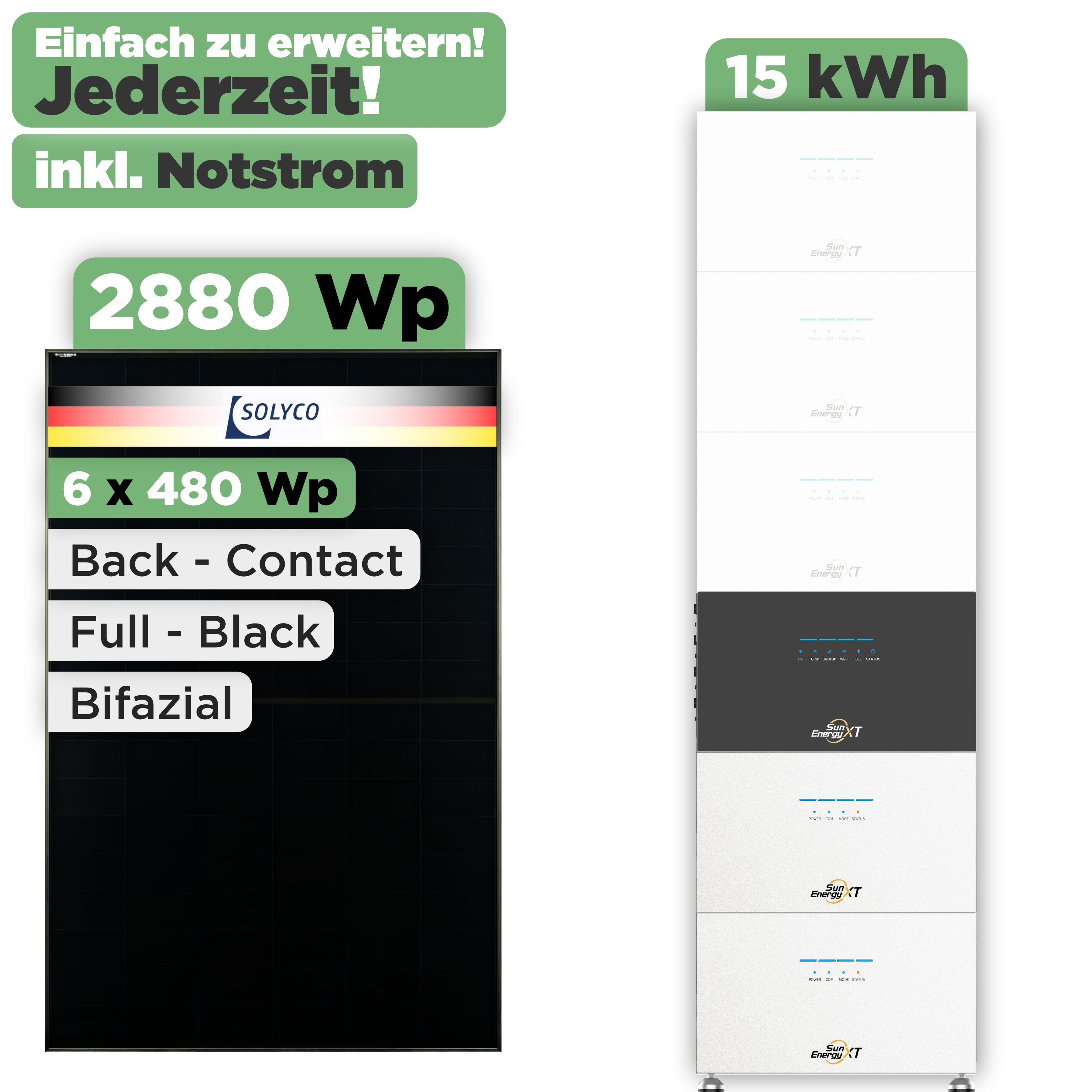 SunEnergyXT 500 Modulset 2880 Wp SunEnergyXT 500 (800 W) / 15 kWh / Solyco 480 Wp / 6 Module