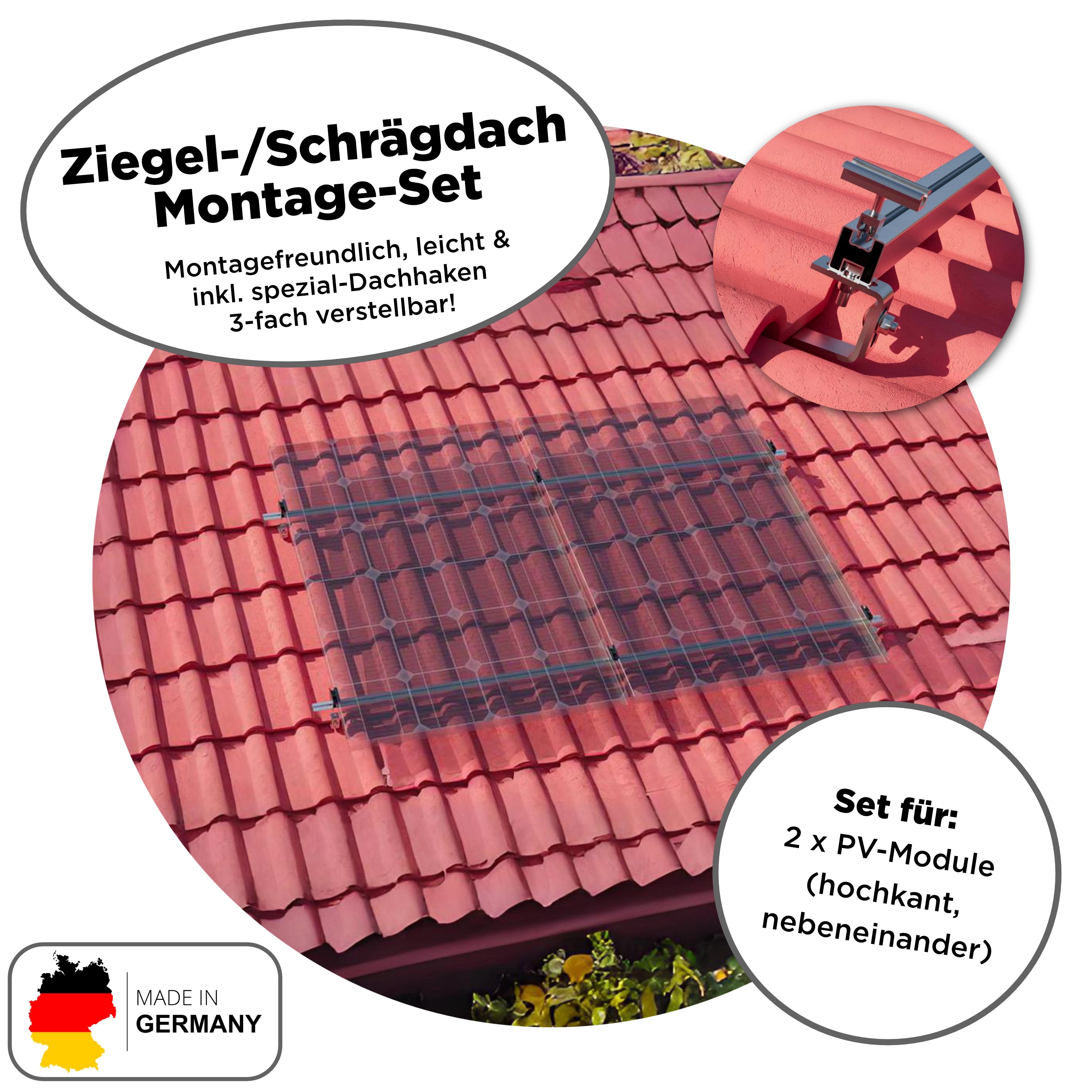 Balkonkraftwerk Ziegeldach 2000 Wp — APsystems EZ1-M 800 WTrina Solar / 500 Wp (Glas-Glas) / Klassik Halterung / zwei Reihen hochkant / 4 Module / 20 m