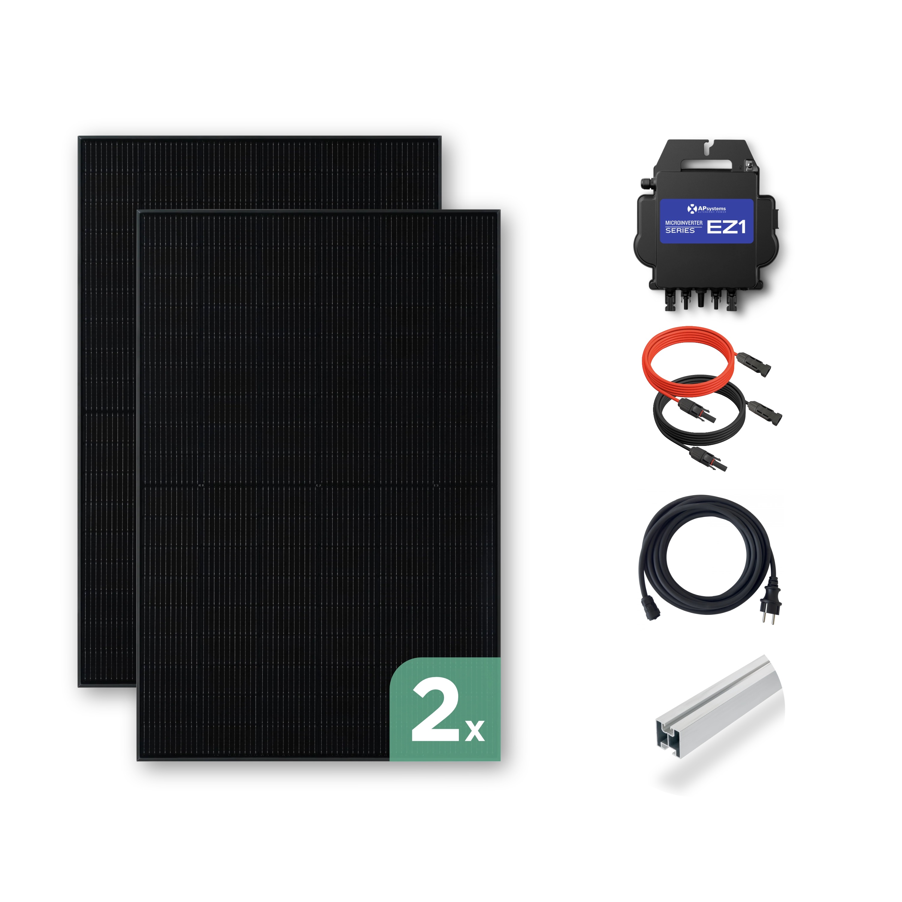 Balkonkraftwerk Ziegeldach 1000 Wp — APsystems EZ1-M 800 WTrina Solar / 500 Wp (Glas-Glas) / Klassik Halterung / zwei Reihen hochkant / 2 Module / 20 m